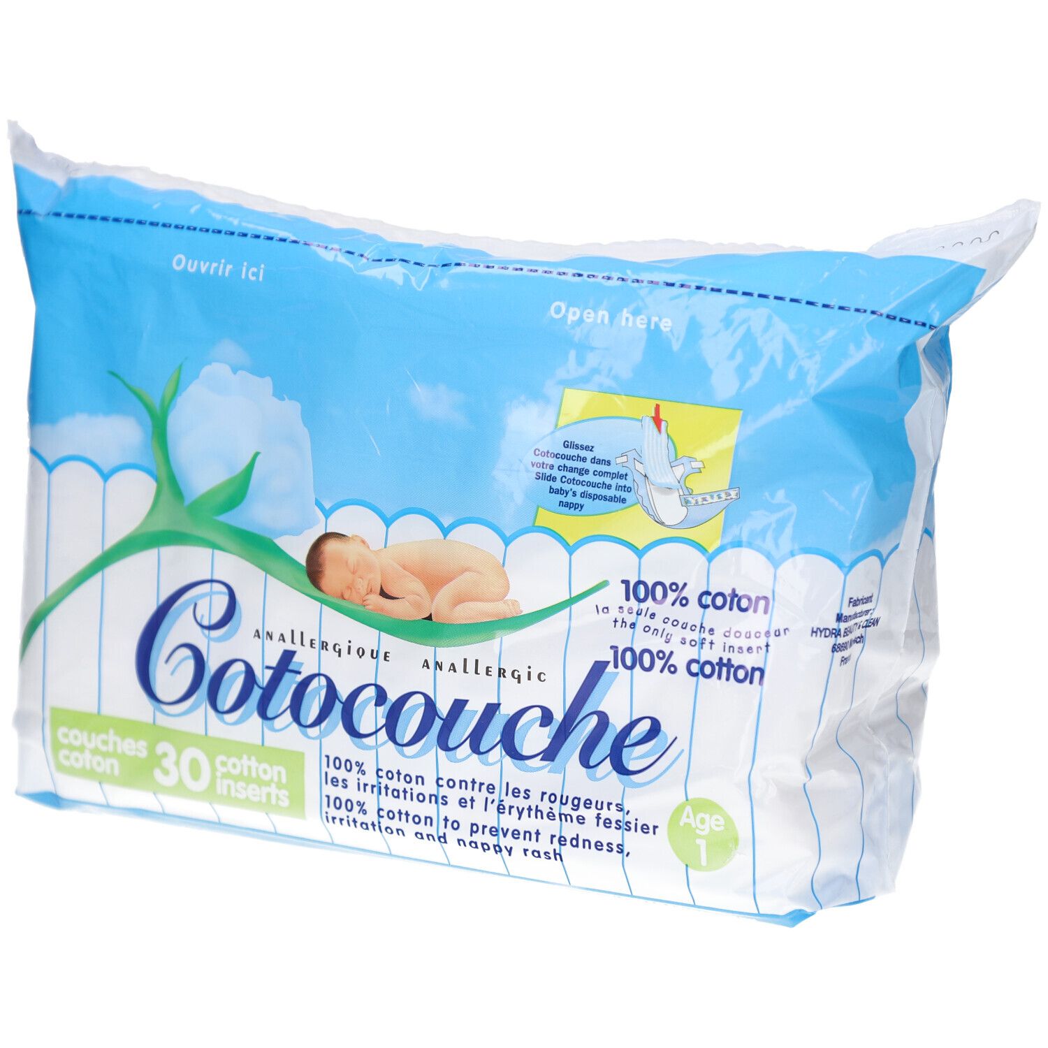 Verpakking van Cotocouche luiers, 100% katoen, 30 inlegkruisjes. Baby illustratie. Leeftijd 1. Tekst "Open hier".