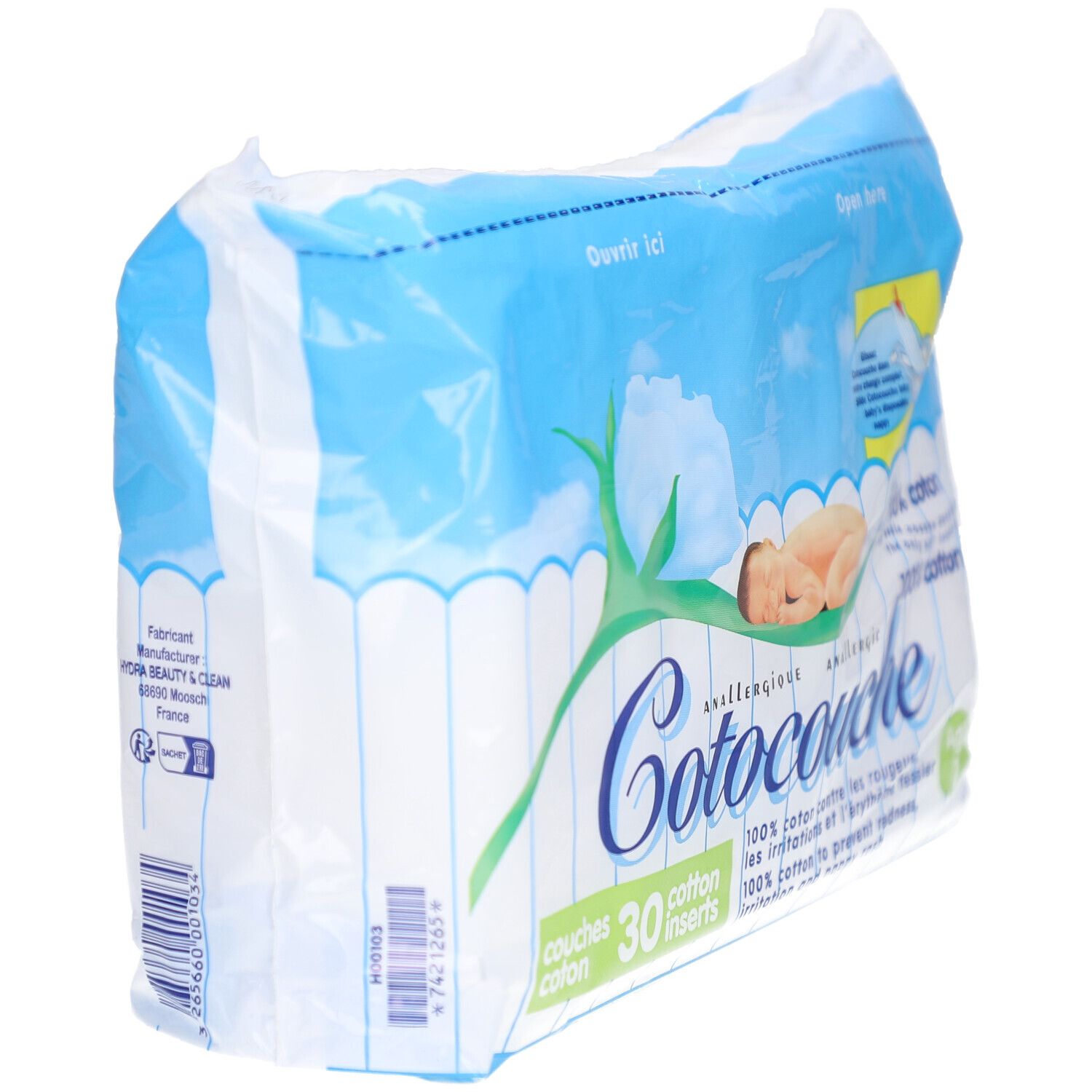 Schuine verpakking met luiers. Opschrift Cotocouche, 100% katoen, 30 inlegkruisjes. Baby illustratie.