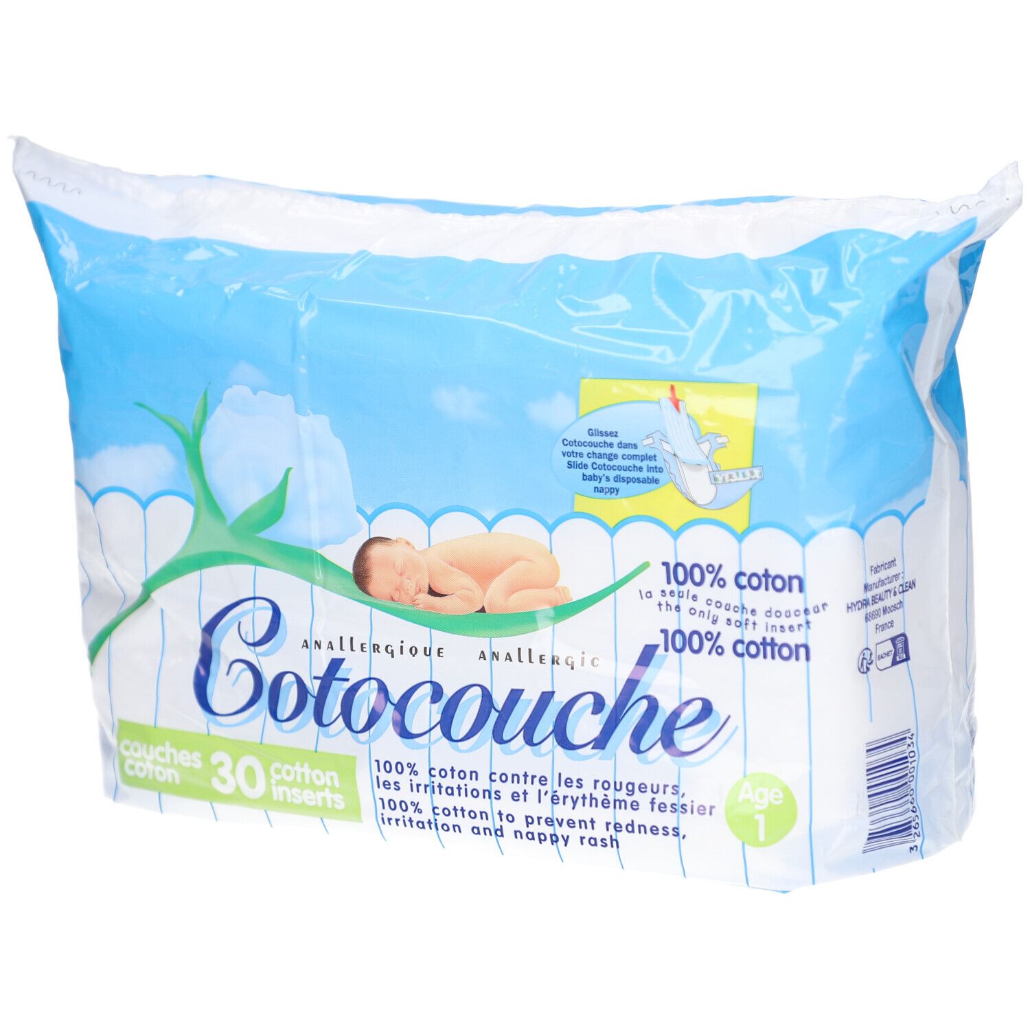 Verpakking van Cotocouche luiers, 100% katoen, 30 inlegkruisjes. Baby illustratie. Leeftijd 1.