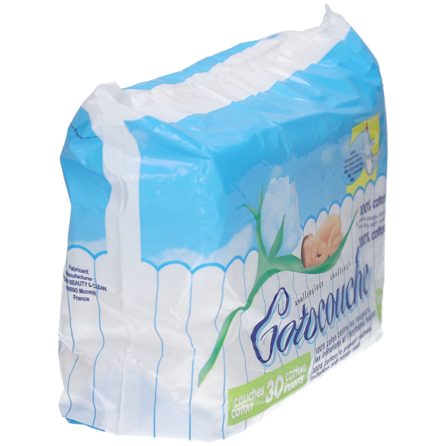 Schuine verpakking met luiers. Opschrift Cotocouche, 100% katoen, 30 inlegkruisjes. Baby illustratie.