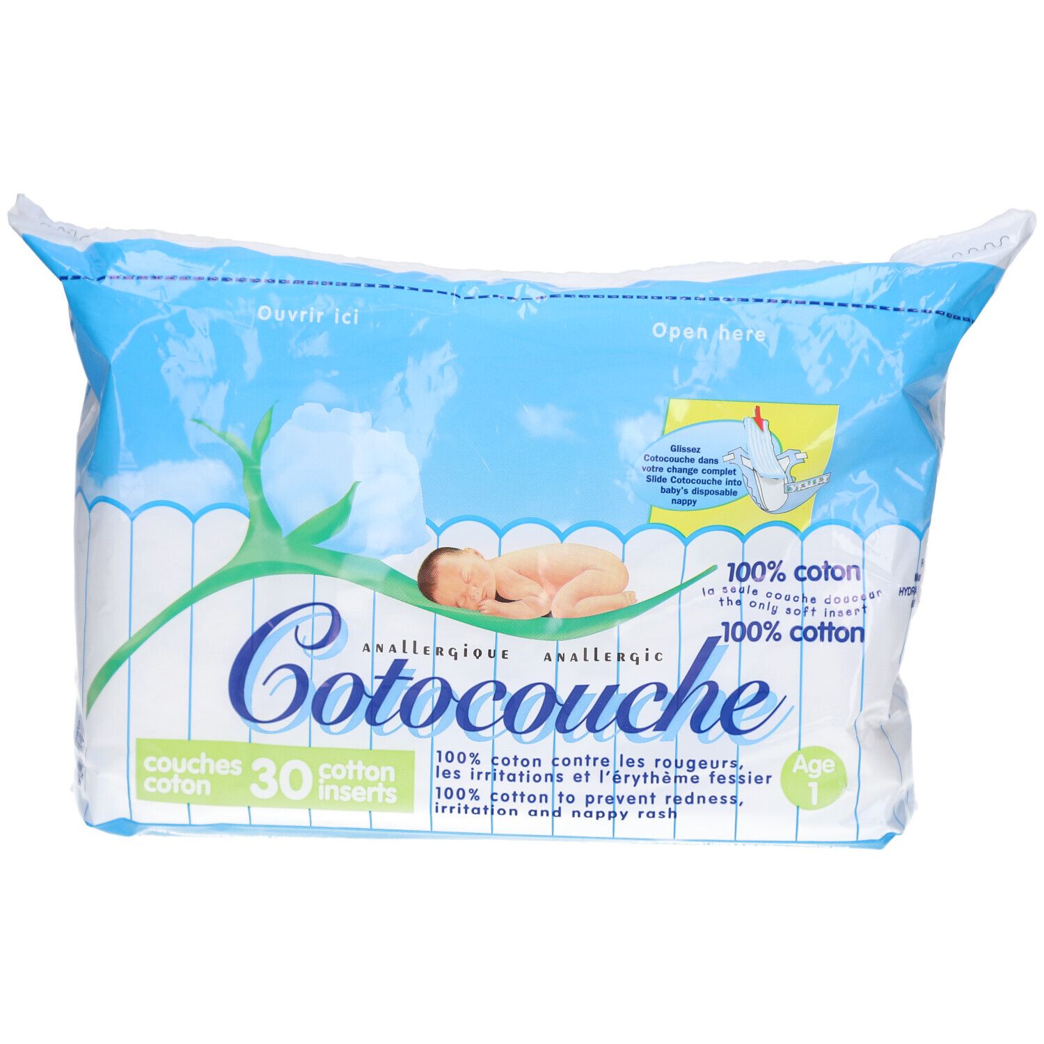 Verpakking van Cotocouche luiers, 100% katoen, 30 inlegkruisjes. Baby illustratie. Leeftijd 1. Tekst "Open hier".