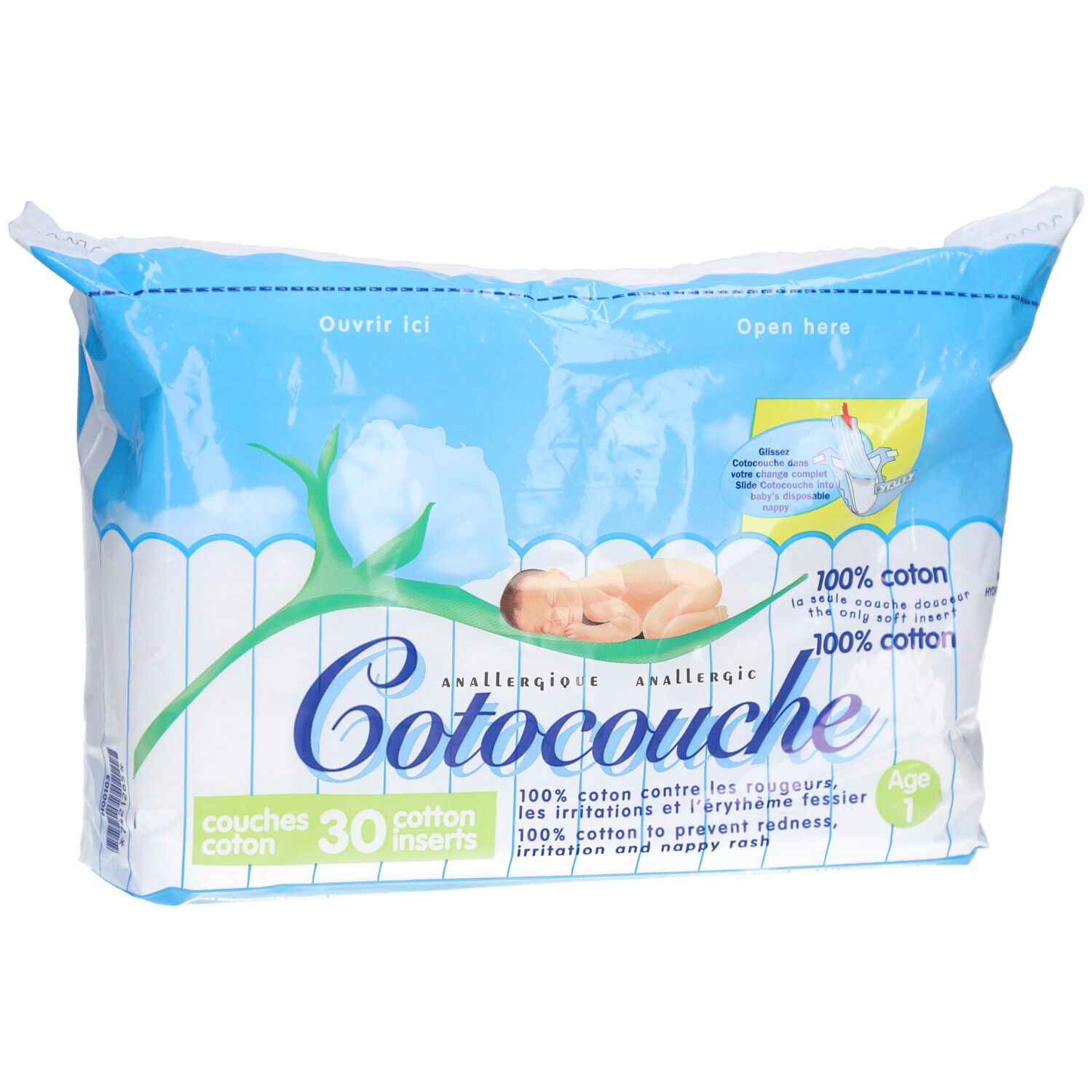 Verpakking van Cotocouche luiers, 100% katoen, 30 inlegkruisjes. Baby illustratie. Leeftijd 1.