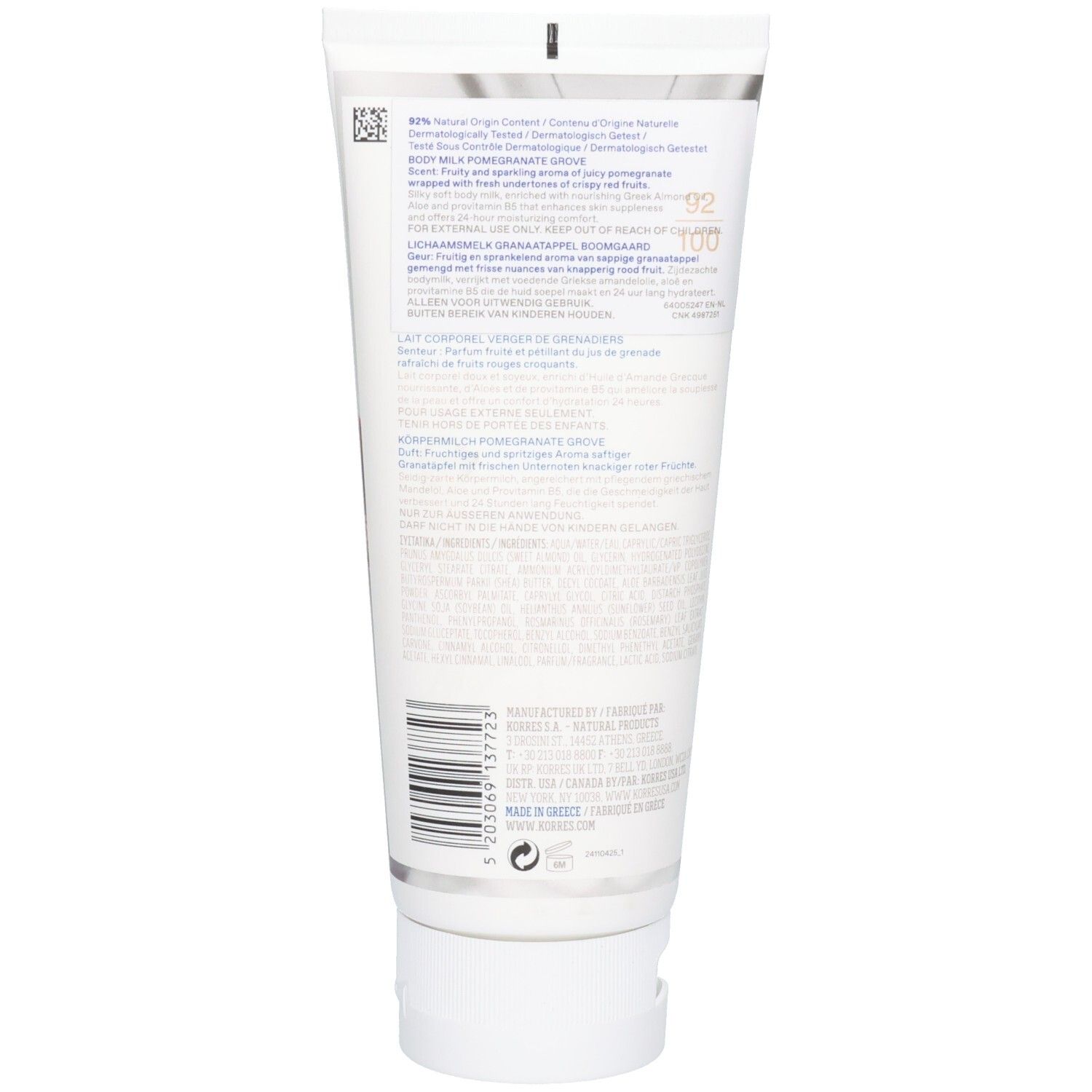Arrière d'un tube blanc avec Korres Pomegranate Grove Body Milk, ingrédients et code-barres.
