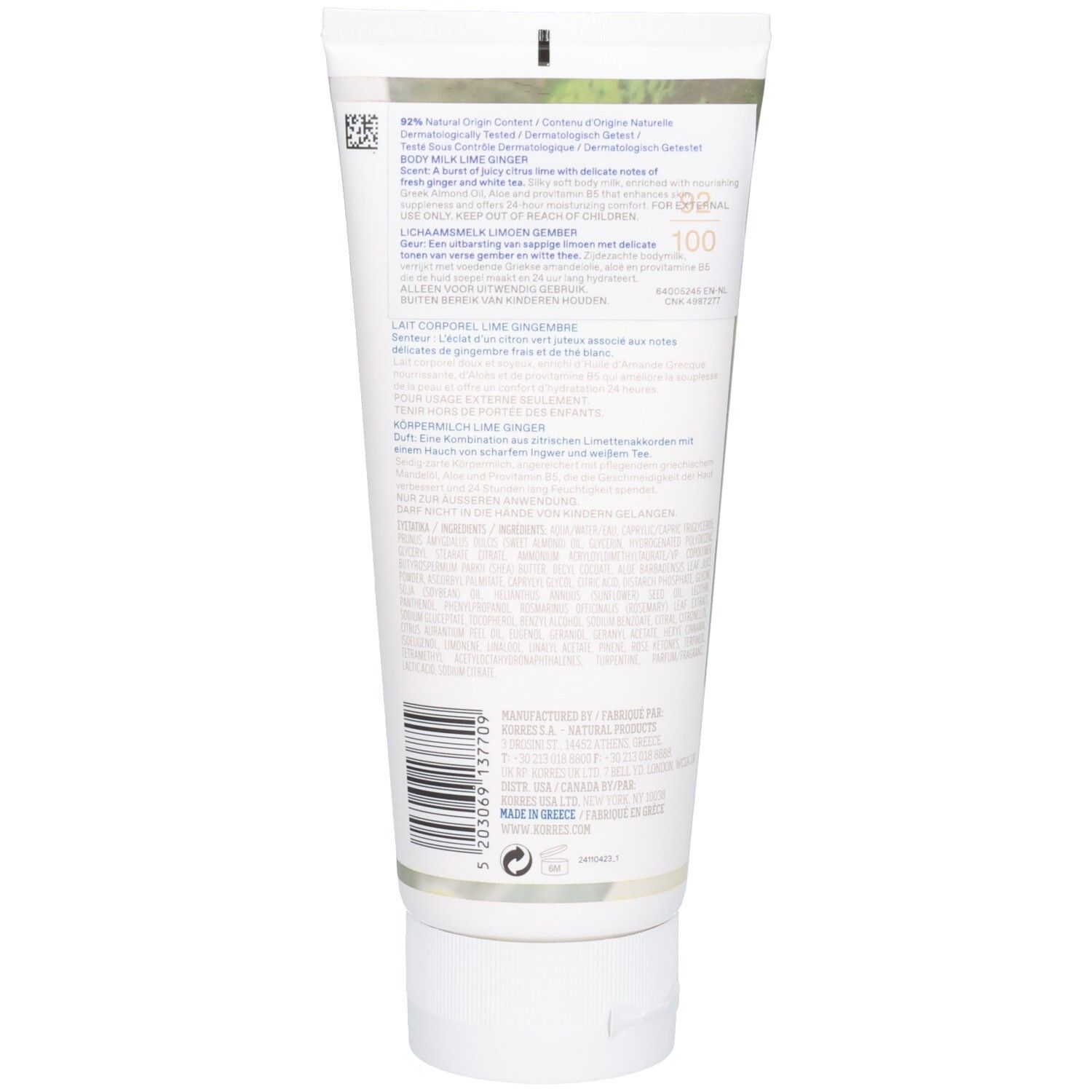 Achterkant van de KORRES Limoen-Gember bodylotion met ingrediënten en instructies.