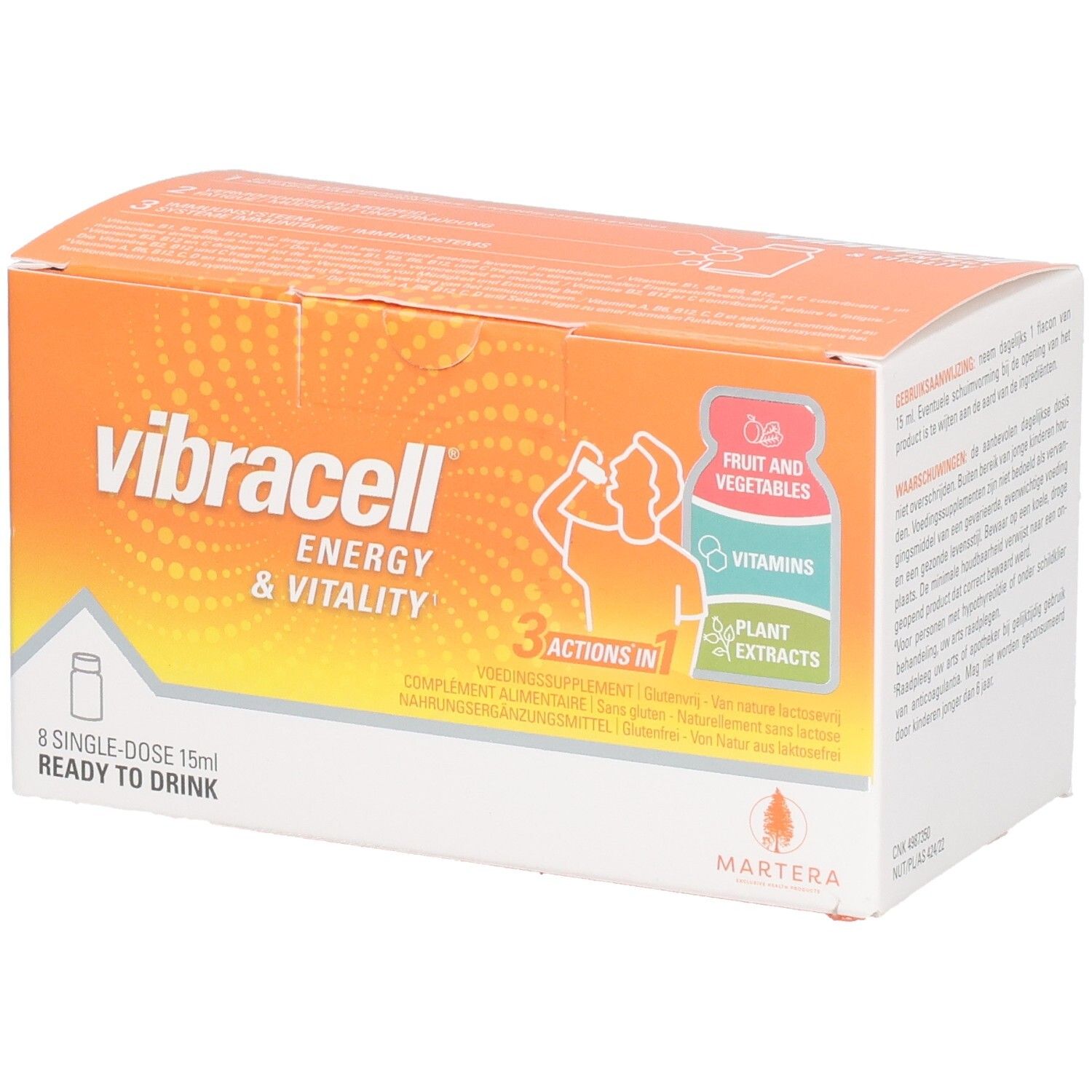 Boîte orange Vibracell, 8 doses individuelles. Contient 8 vitamines, extraits de plantes, fruits et légumes.