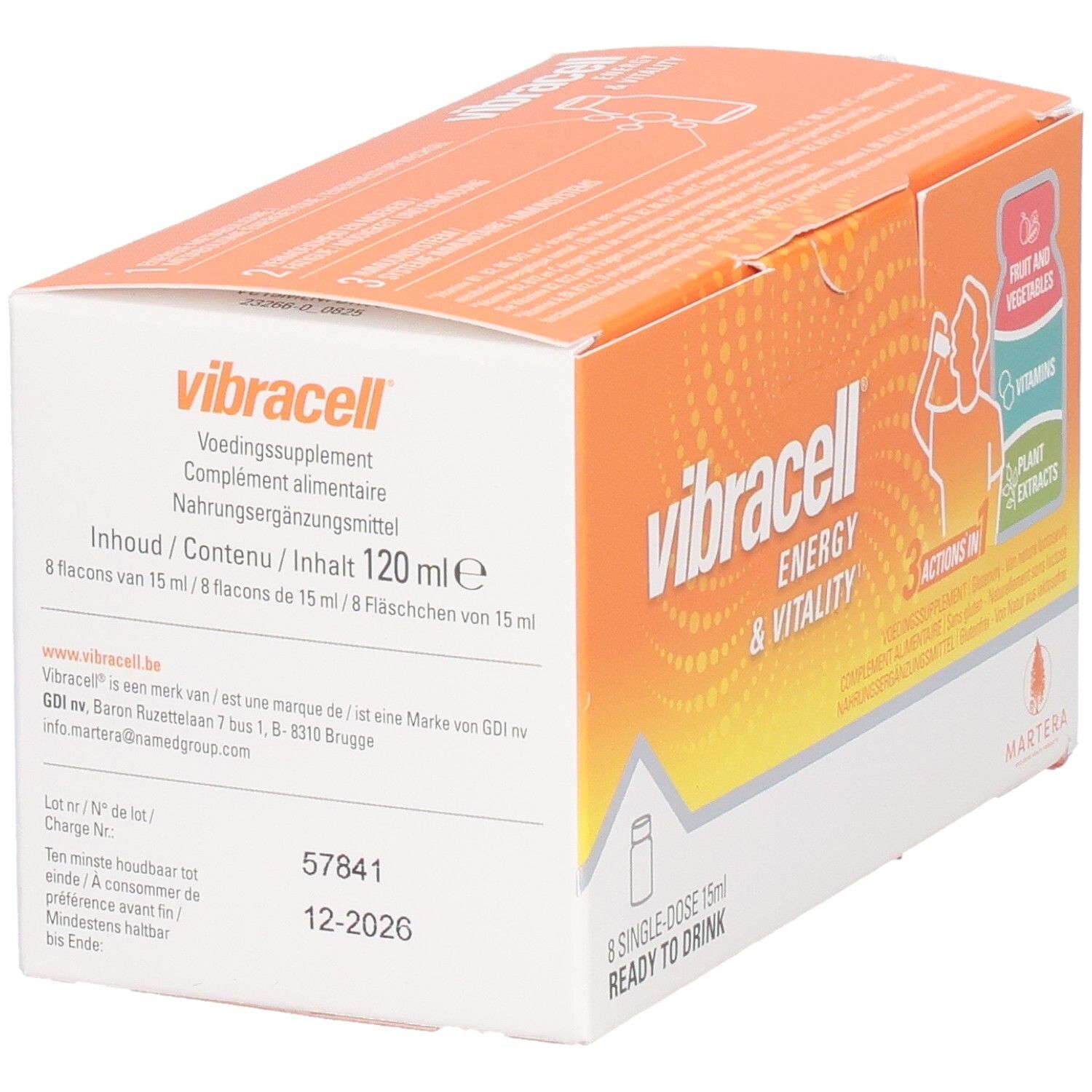 Emballage Vibracell, 8 flacons de 15 ml. Informations sur les ingrédients et les valeurs nutritionnelles.