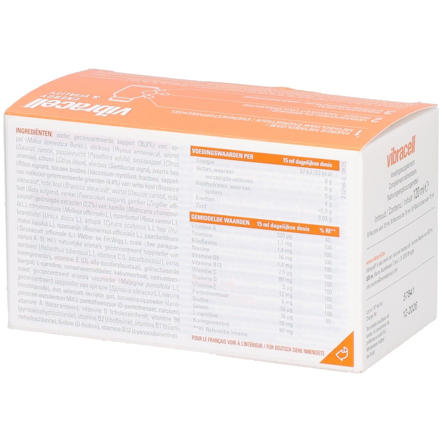 Dos de l'emballage avec ingrédients et valeurs nutritionnelles. Informations en plusieurs langues.