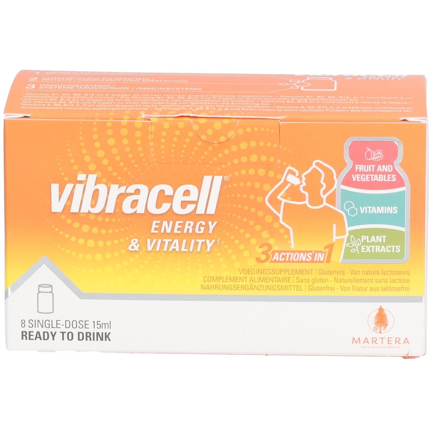 Boîte orange Vibracell, 8 doses individuelles. Contient 8 vitamines, extraits de plantes, fruits et légumes.