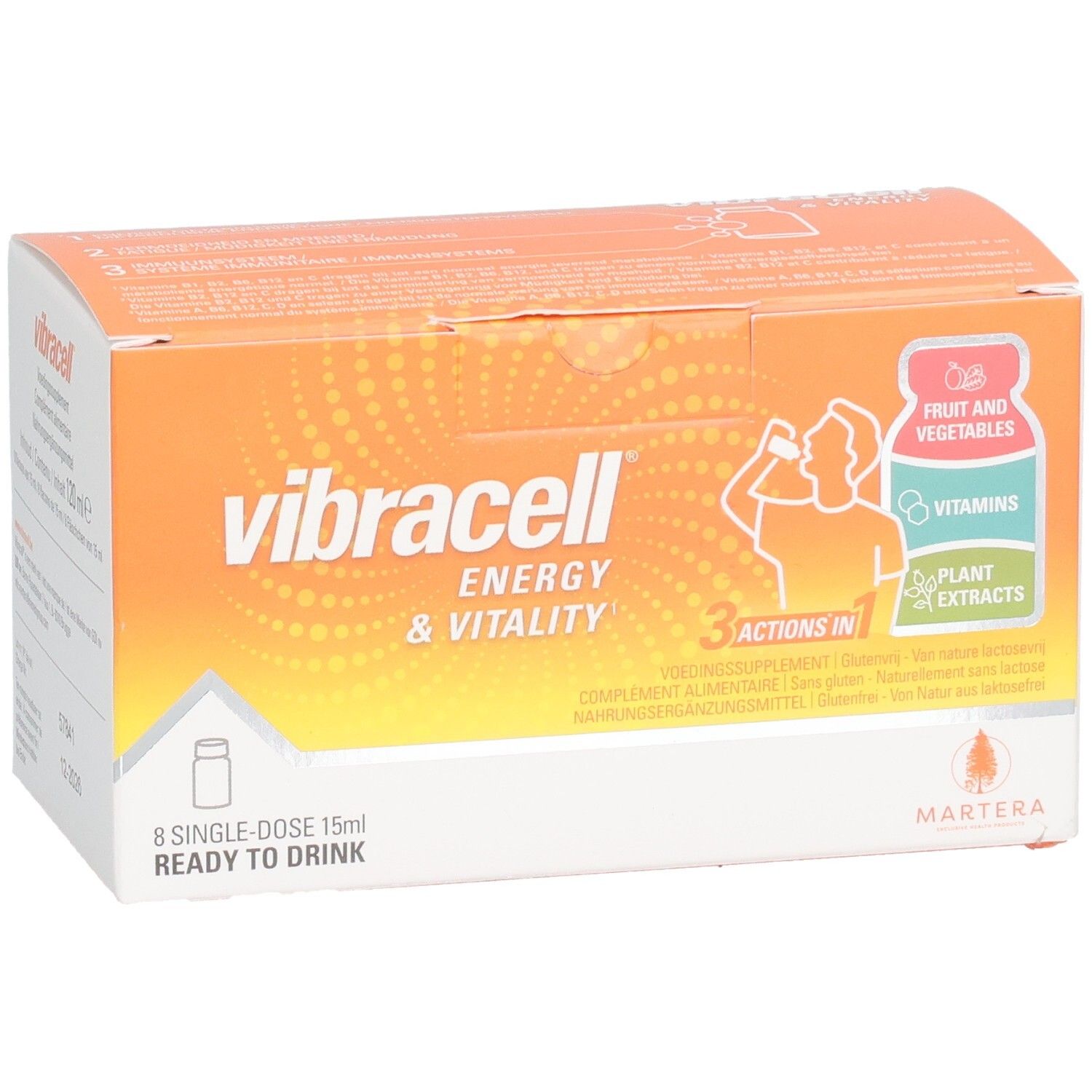 Boîte orange Vibracell, 8 doses individuelles. Contient 8 vitamines, extraits de plantes, fruits et légumes.