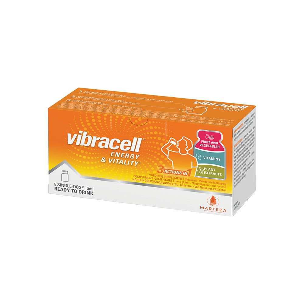 Boîte orange Vibracell, 8 doses individuelles. Contient 8 vitamines, extraits de plantes, fruits et légumes.