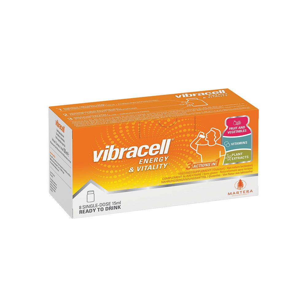 Boîte orange Vibracell, 8 doses individuelles. Contient 8 vitamines, extraits de plantes, fruits et légumes.