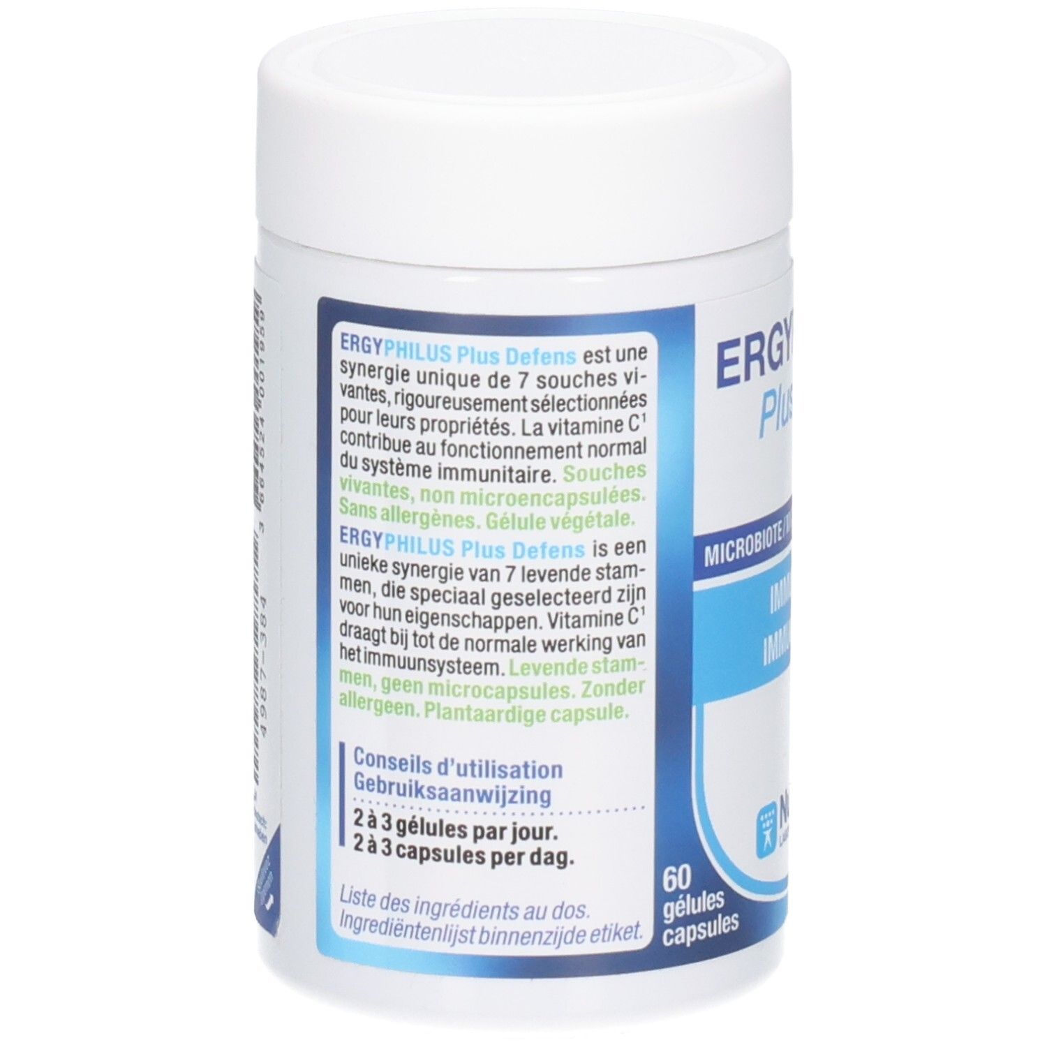 Dos du flacon blanc. Texte: ERGYPHILUS Plus Defens, 60 gélules. Contient des informations sur l'utilisation et les ingrédients.