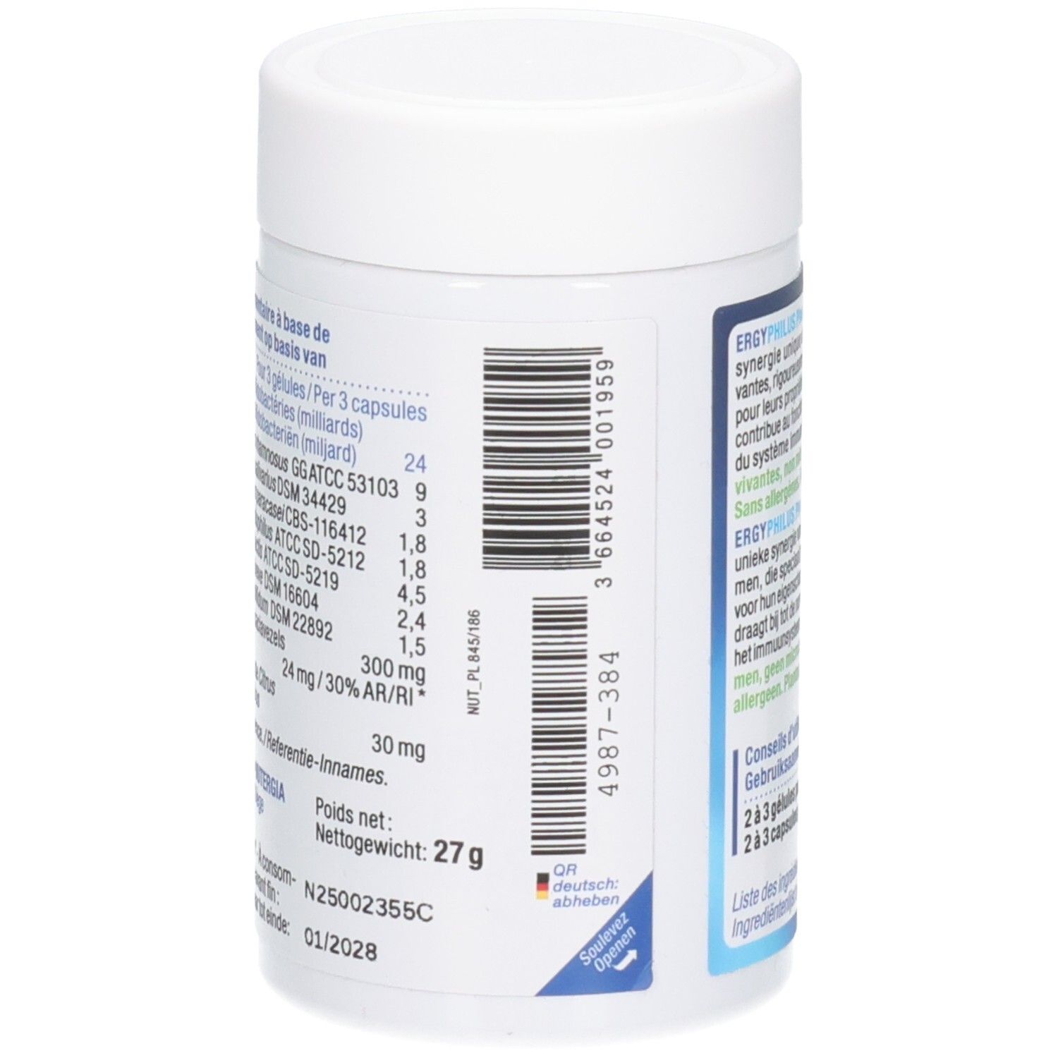 Flacon blanc, vue détaillée. Code-barres et informations sur les ingrédients et les valeurs nutritionnelles. Poids net: 27 g.