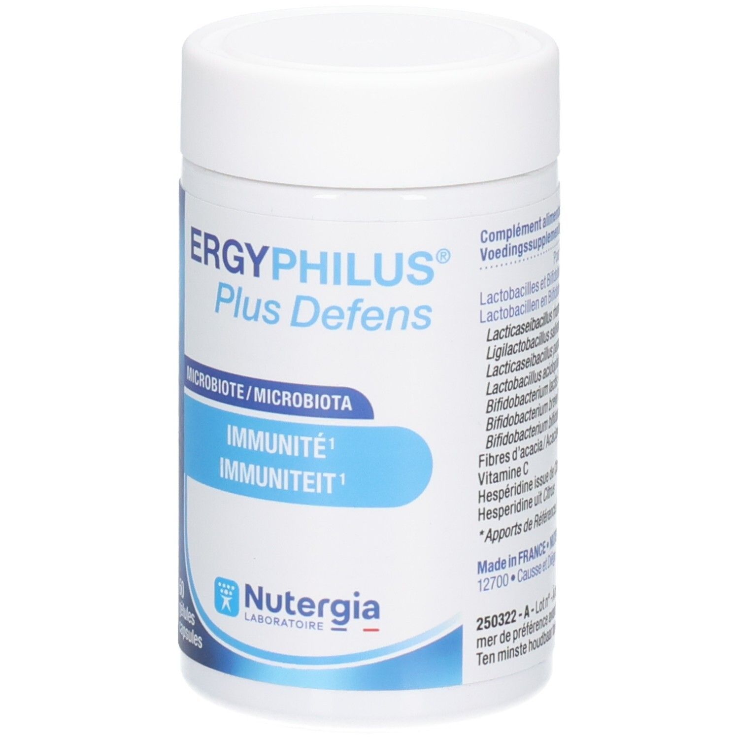 Flacon blanc, étiquette bleue. Inscription: ERGYPHILUS Plus Defens. Marque: Nutergia Laboratoire. Contient 60 gélules.