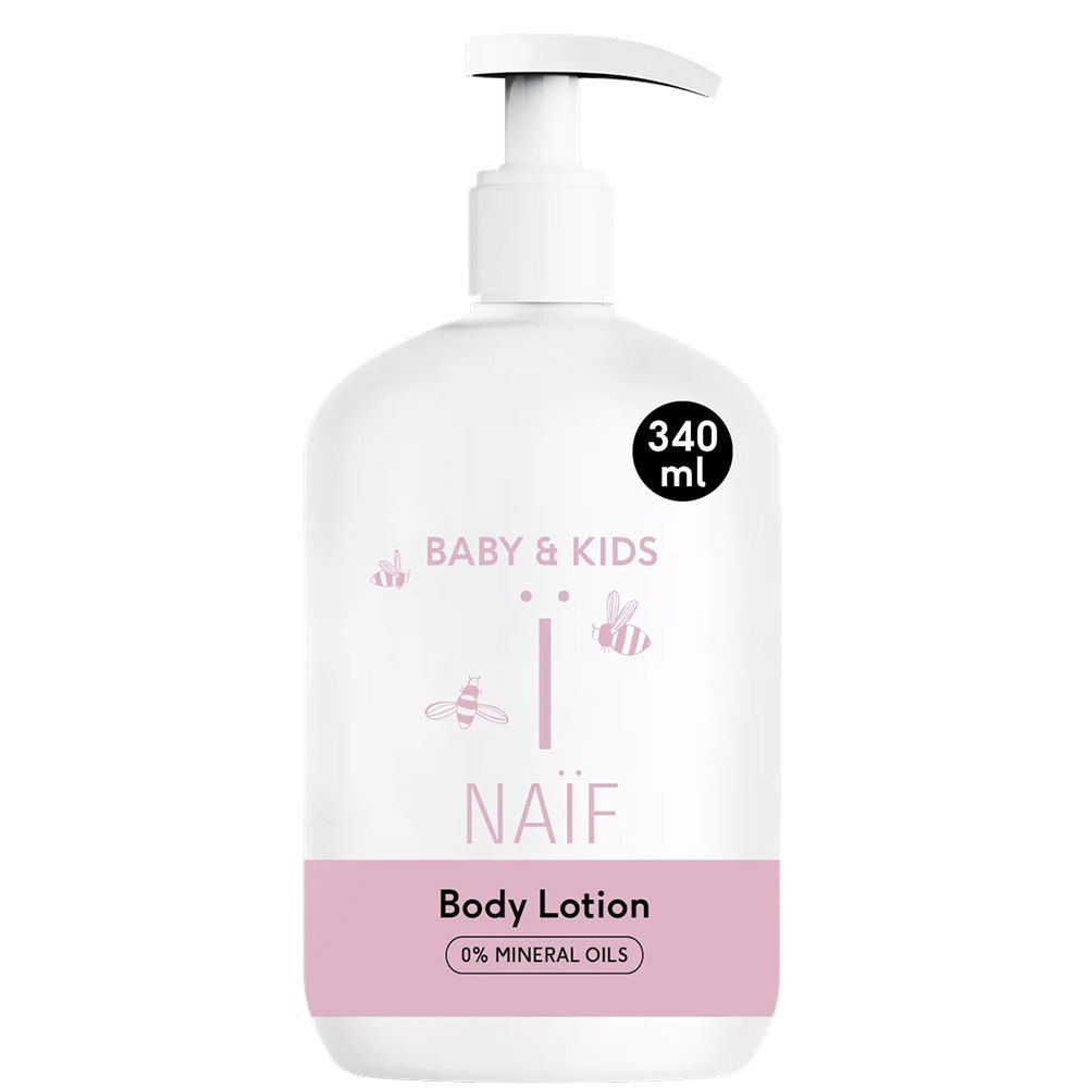 Witte fles met pomp. Opschrift: Naïf Body Lotion, Baby & Kids. 340 ml.
