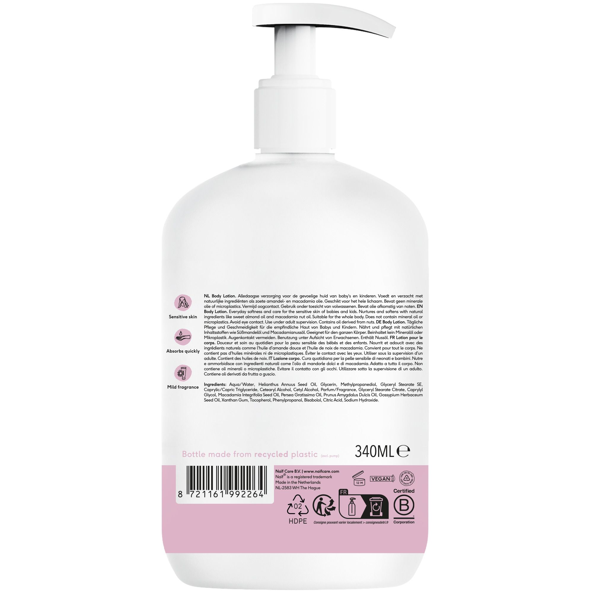 Kind met lotion op het been. Tekst: Hydrate. Sans irriter. Naïf Body Lotion.