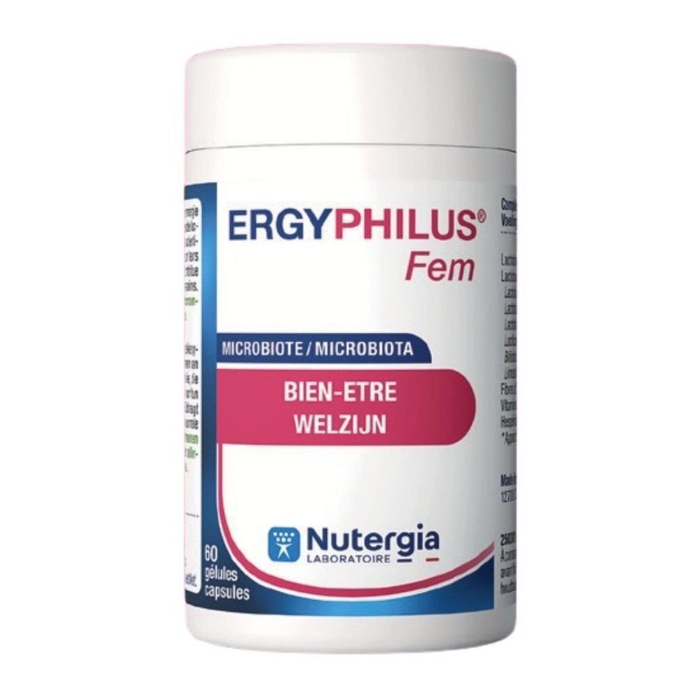 Witte verpakking met 60 capsules, blauwe en roze belettering, vooraanzicht.