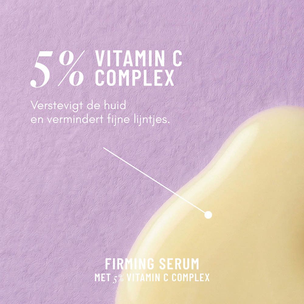 Serumfles met pipet op een sokkel. Gele vloeistof. Paarse achtergrond.