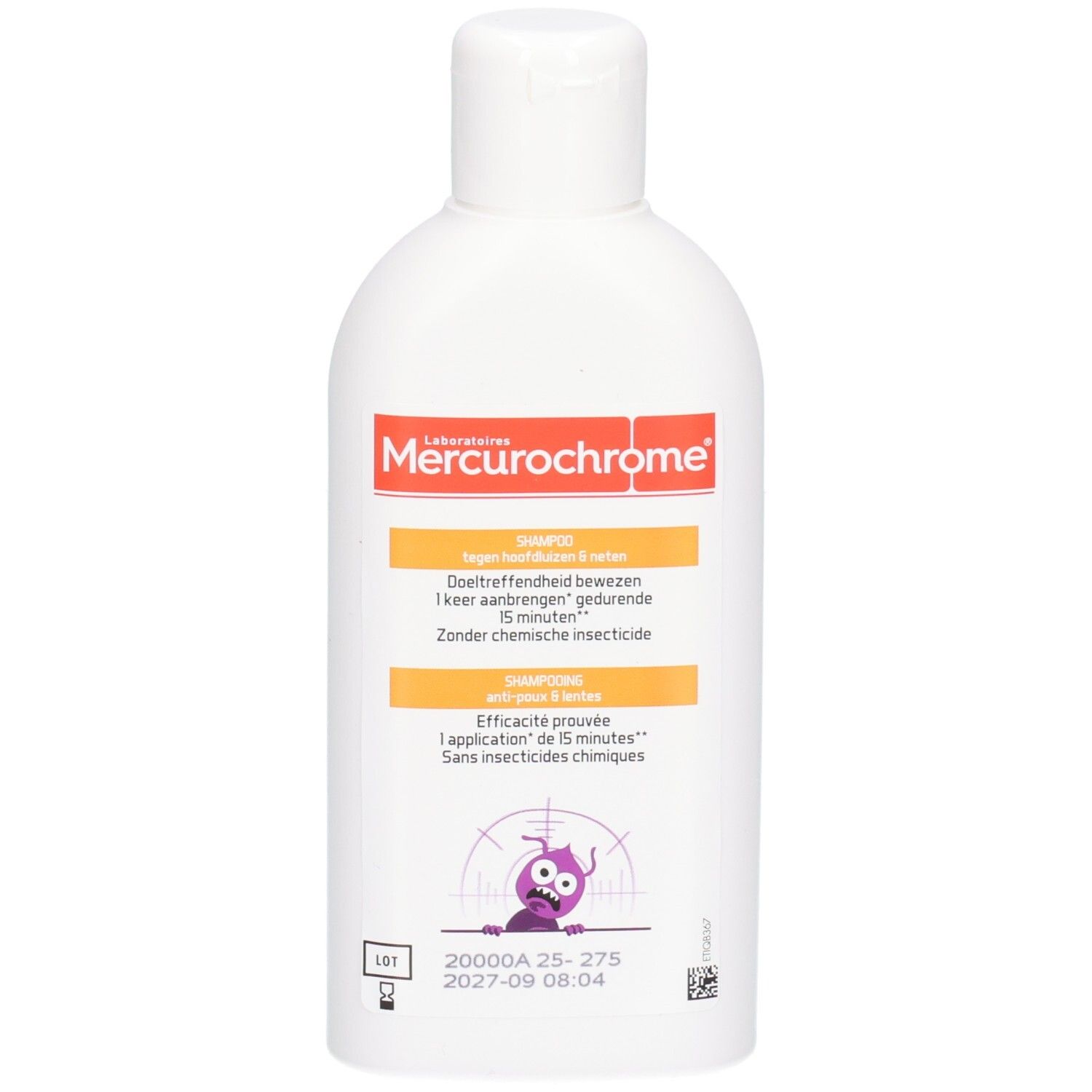 Bouteille de shampoing Mercurochrome Anti-Poux avec étiquette orange et blanche et logo d'un insecte violet.