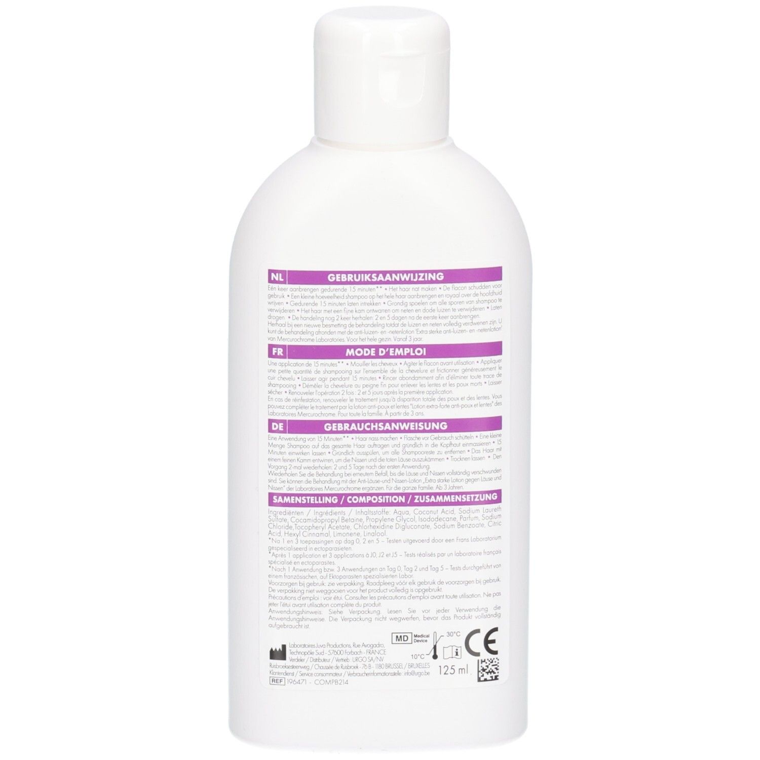 Arrière d'une bouteille de shampoing Mercurochrome Anti-Poux avec instructions d'utilisation multilingues.