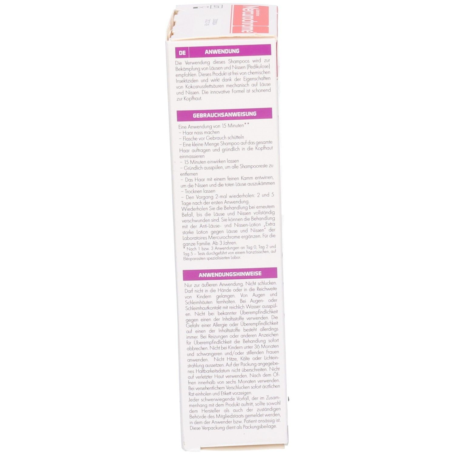 Vue latérale de la boîte de shampoing Mercurochrome Anti-Poux avec instructions d'application détaillées.