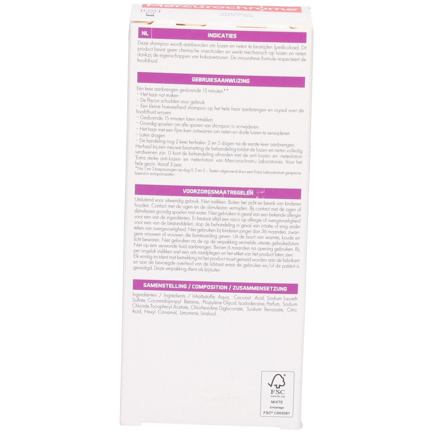 Arrière de la boîte de shampoing Mercurochrome Anti-Poux avec indications et composition.