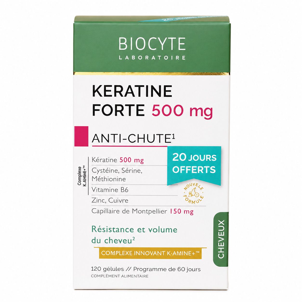 Boîte Biocyte Keratine Forte 500 mg, Anti-chute, 120 gélules.