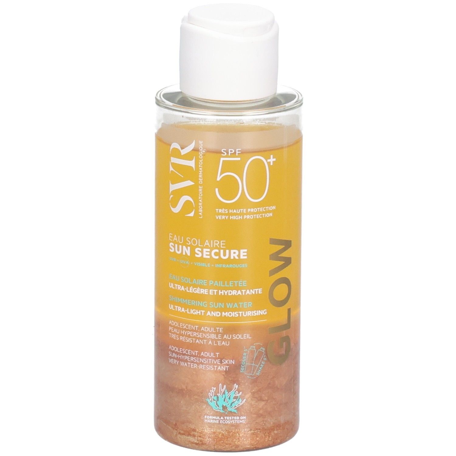 Transparante fles met gele vloeistof en witte dop. Opschrift: SVR Sun Secure Glow SPF50+.
