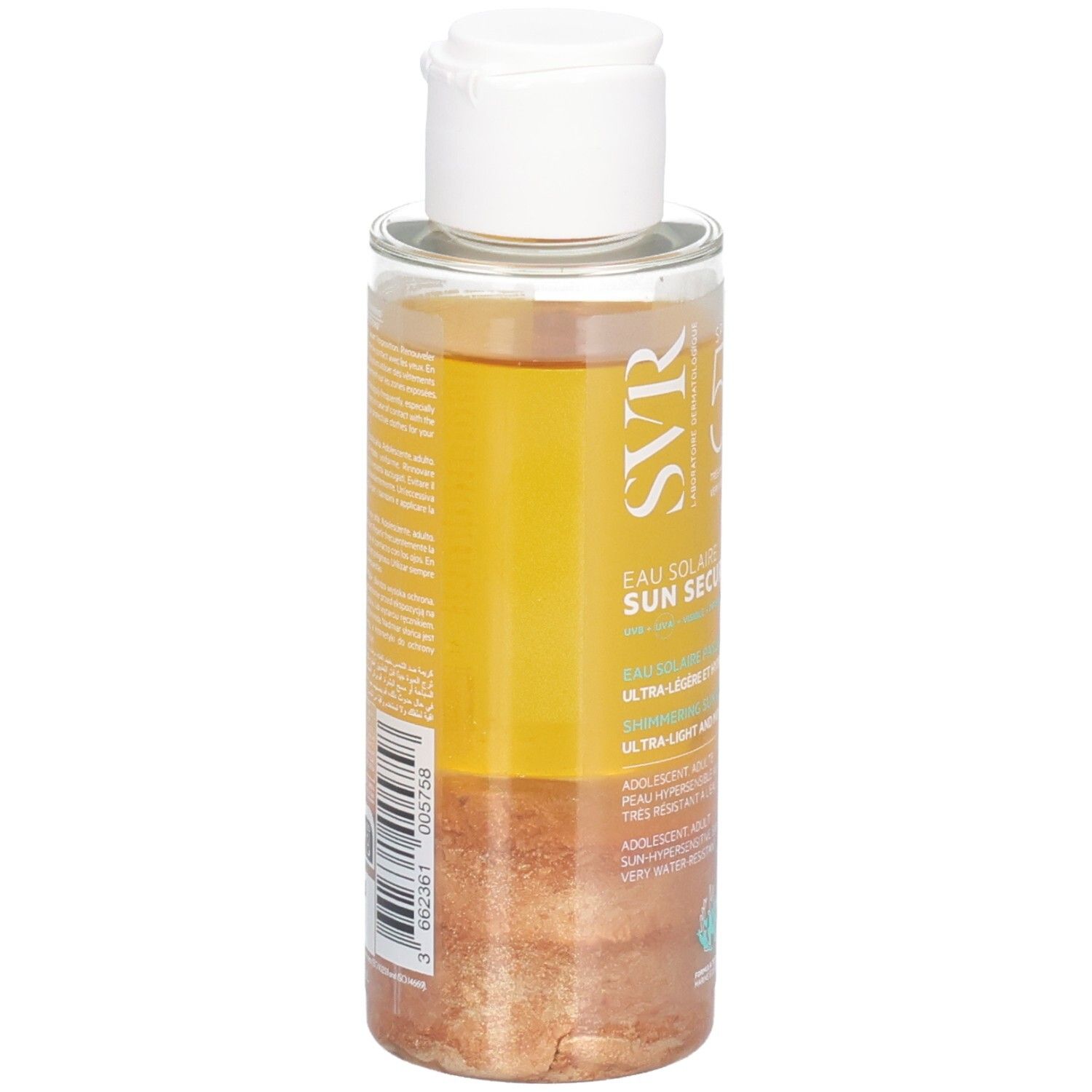 Transparante fles met gele vloeistof en witte dop. Opschrift: SVR Sun Secure Glow SPF50+.