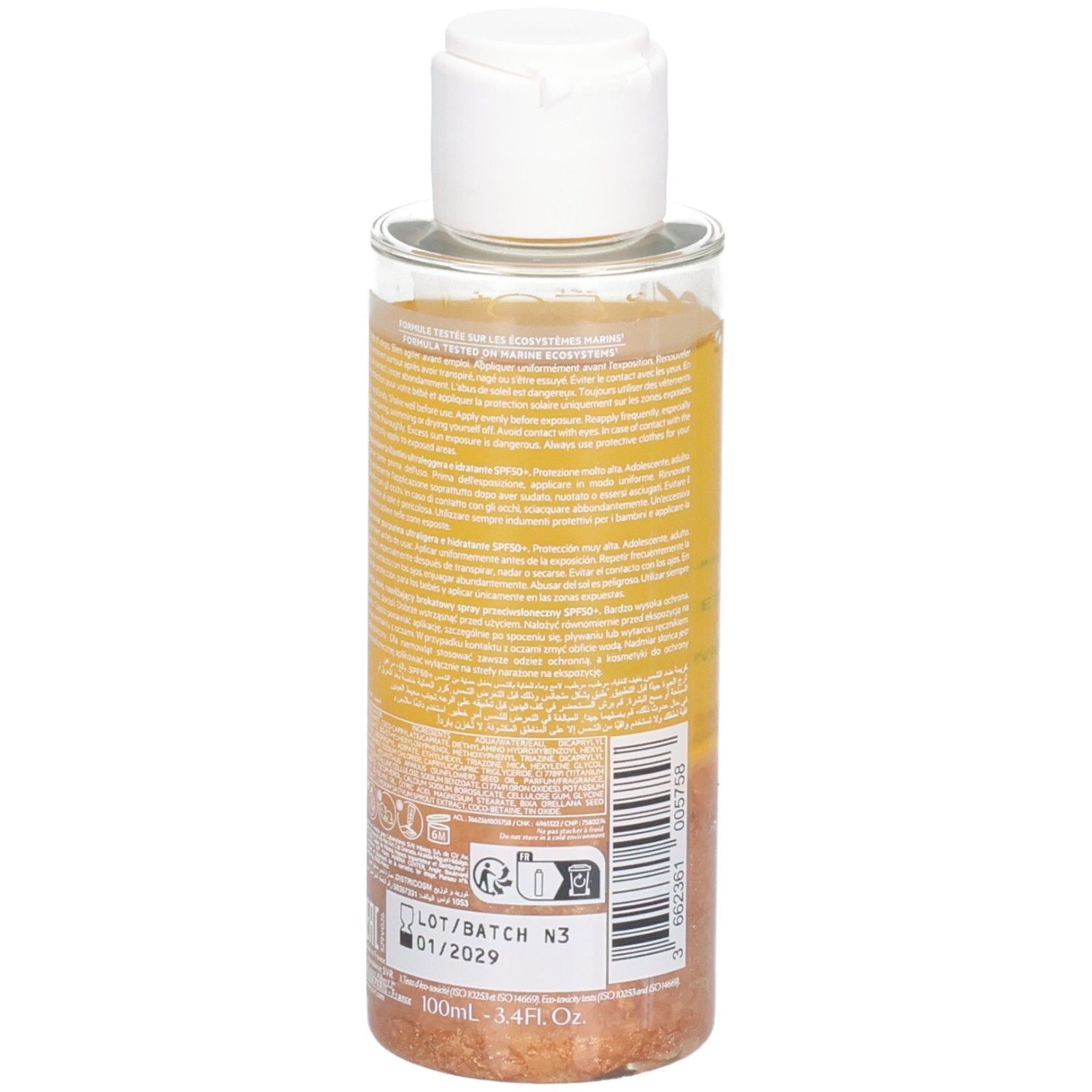 Transparante fles met gele vloeistof en witte dop. Opschrift: SVR Sun Secure Glow SPF50+.
