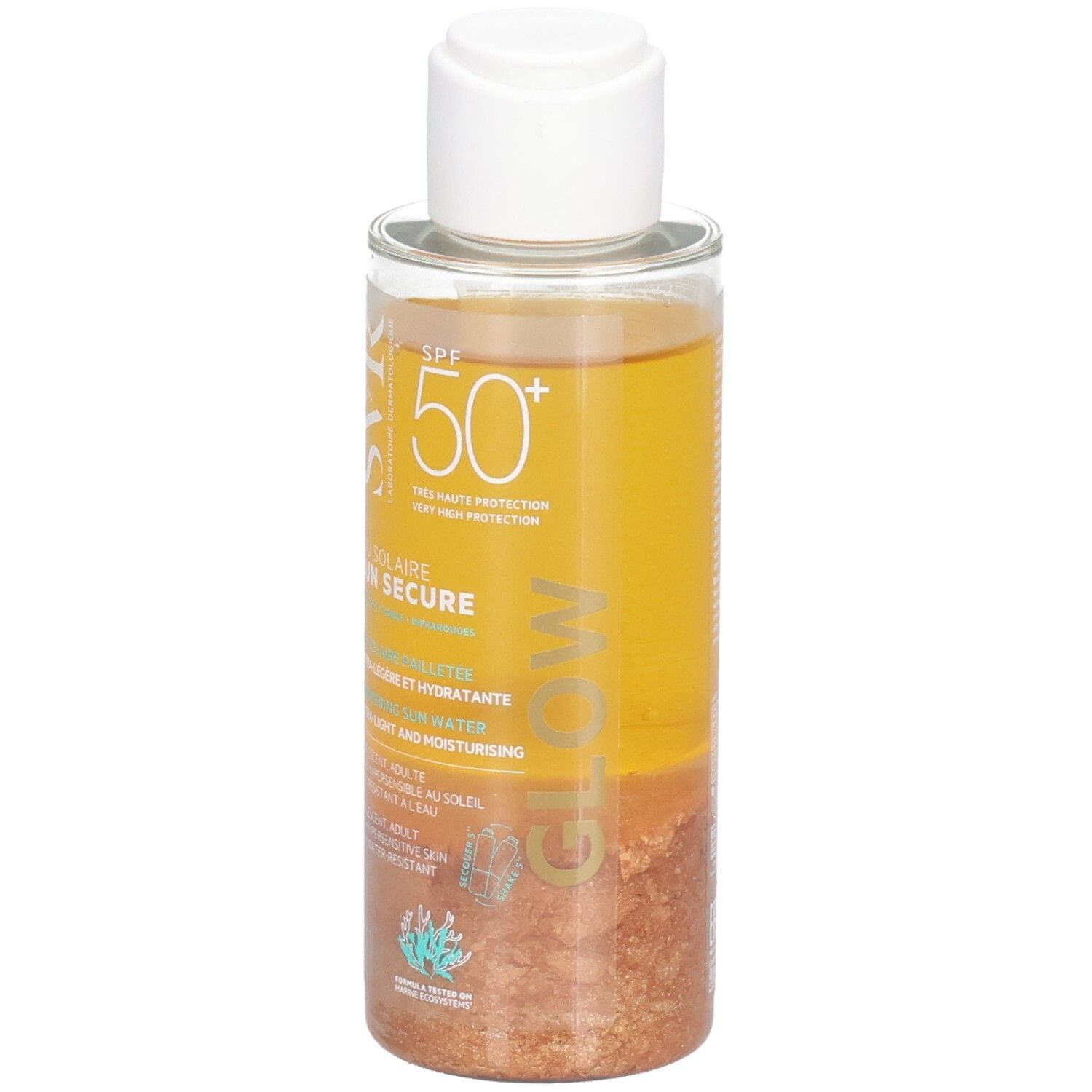 Transparante fles met gele vloeistof en witte dop. Opschrift: SVR Sun Secure Glow SPF50+.