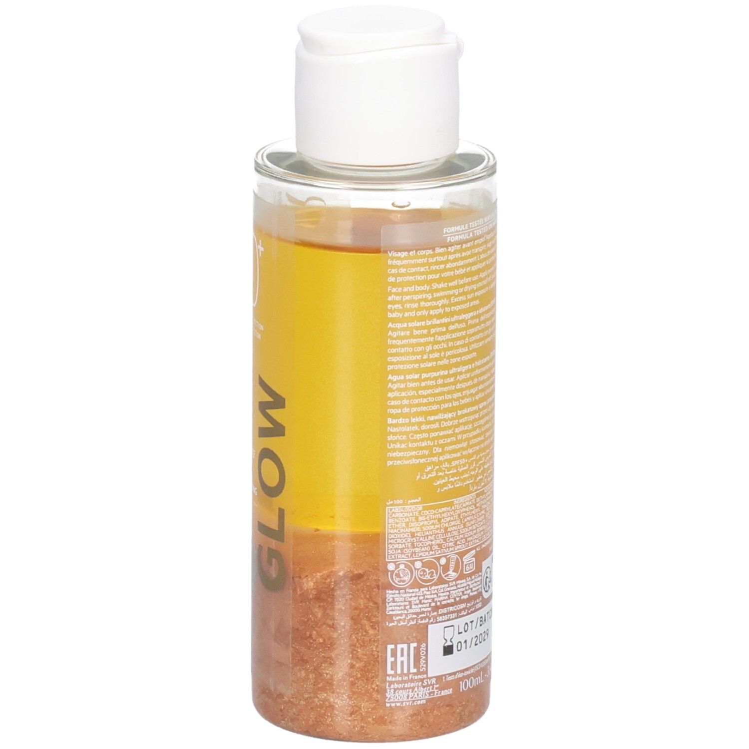 Transparante fles met gele vloeistof en witte dop. Opschrift: SVR Sun Secure Glow SPF50+.