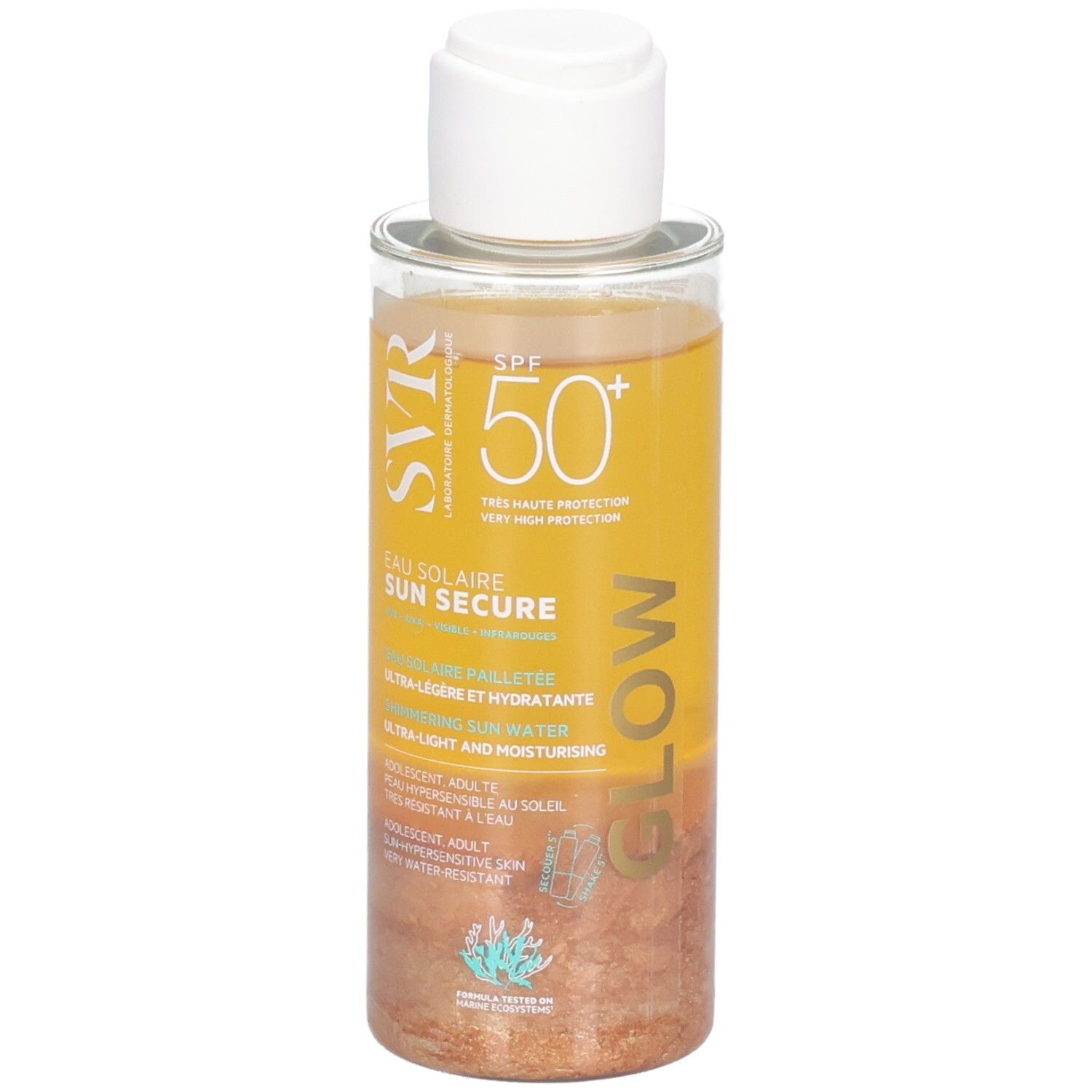 Transparante fles met gele vloeistof en witte dop. Opschrift: SVR Sun Secure Glow SPF50+.