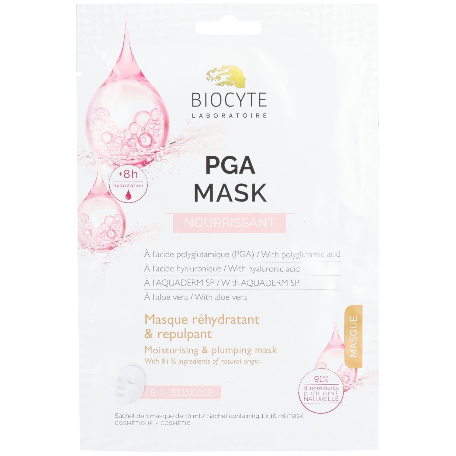 Biocyte PGA Mask Sachet. Roze verpakking met afbeelding en tekst. Bevat 1 masker.