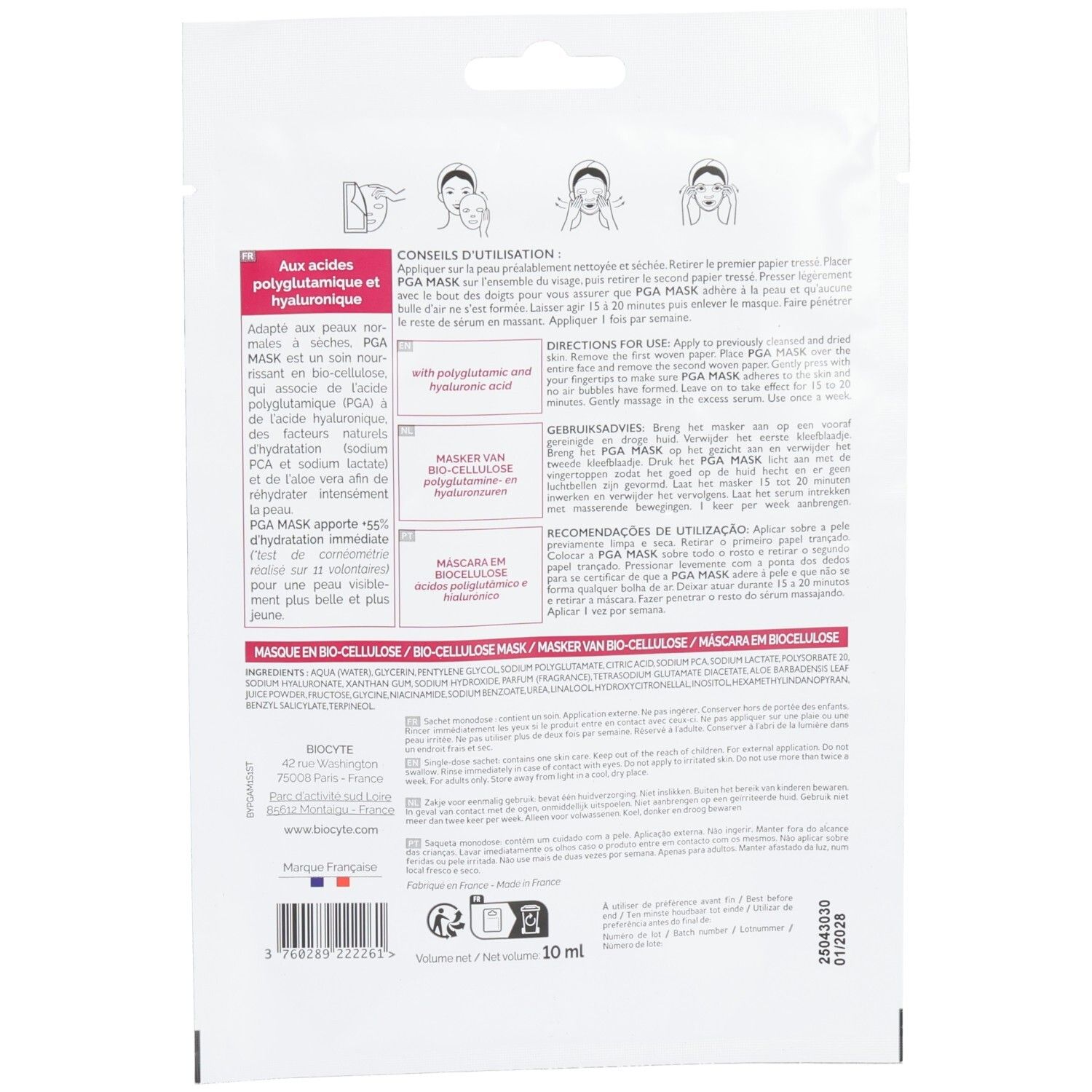 Achterkant van de Biocyte PGA Mask sachet. Tekst en gebruiksaanwijzing op witte achtergrond.