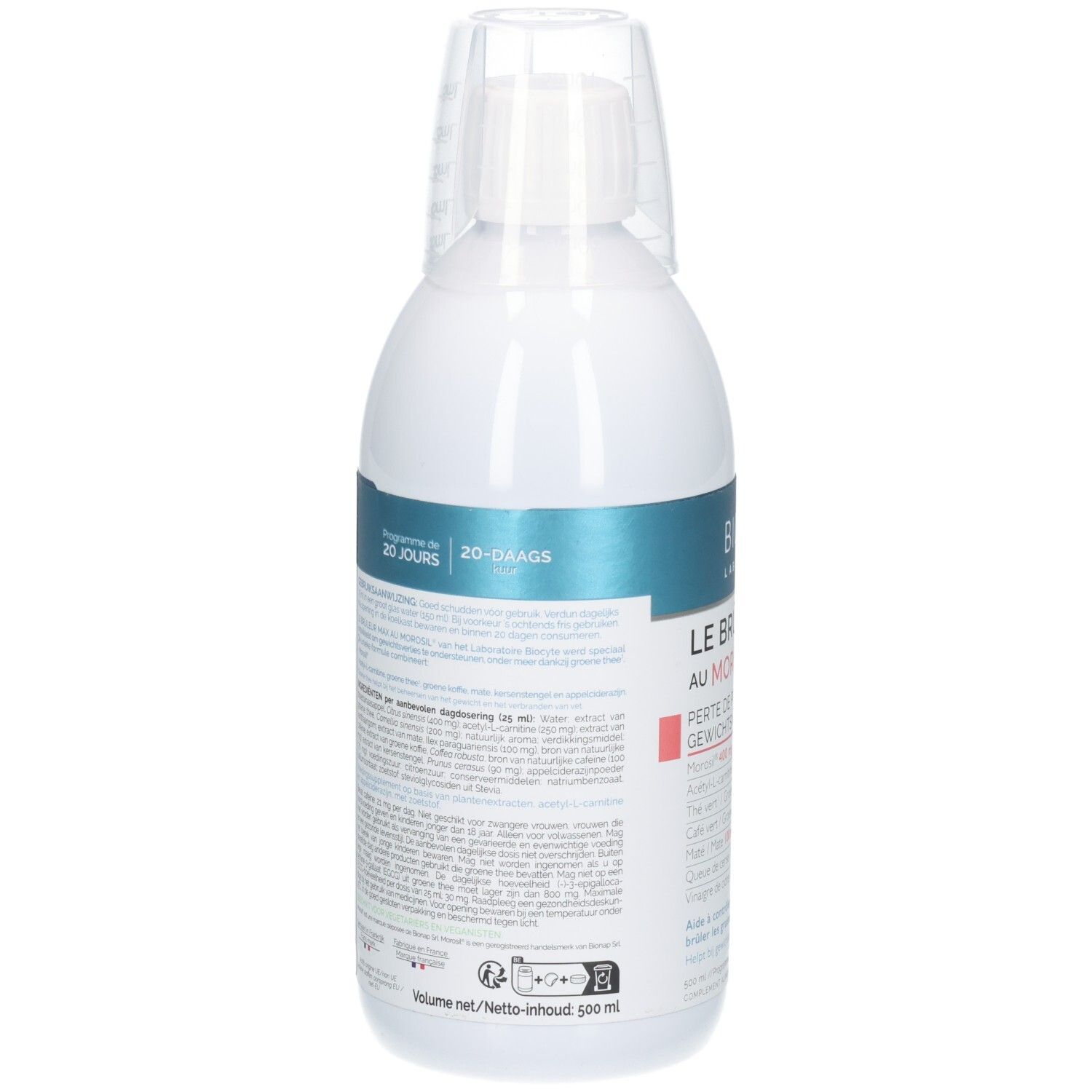 Biocyte Le Brûleur Max: Achterkant van de fles met instructies en 20-daags programma.