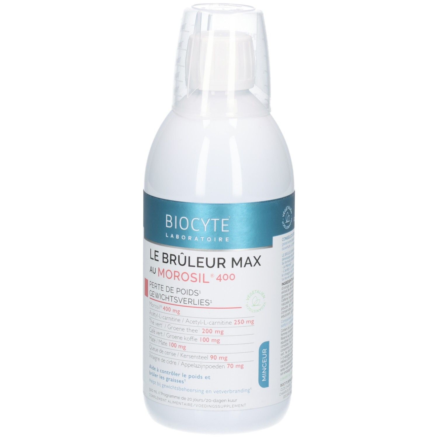 Biocyte Le Brûleur Max: Fles met maatbeker. Focus op gewichtsverlies en ingrediënten.