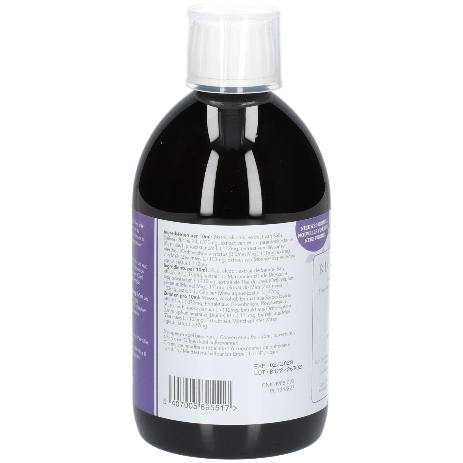 Flacon de liquide avec bouchon blanc. Étiquette avec ingrédients et informations. Couleurs violet et blanc.