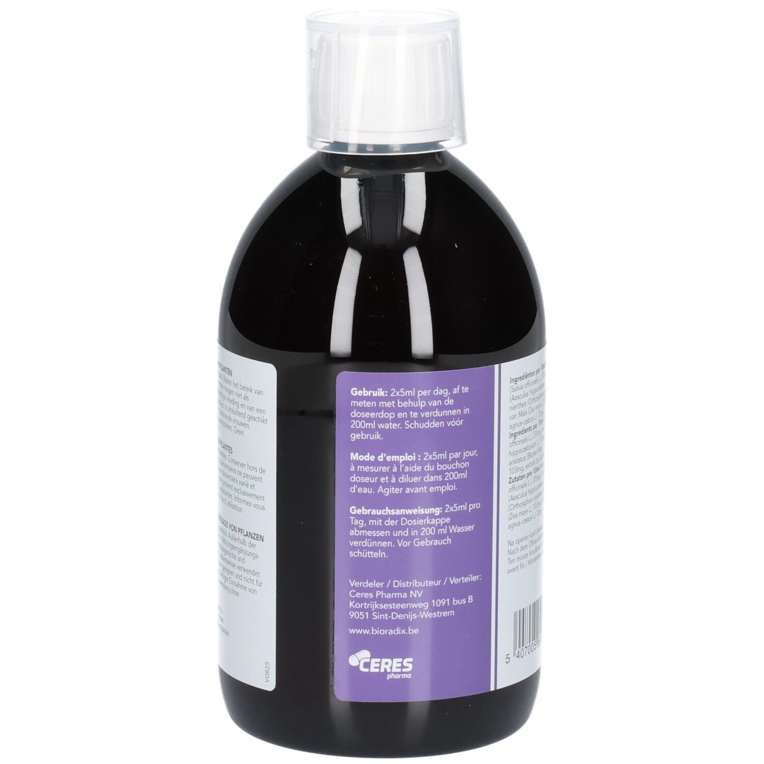 Flacon de liquide avec bouchon blanc. Étiquette avec instructions de dosage. Couleurs violet et blanc.