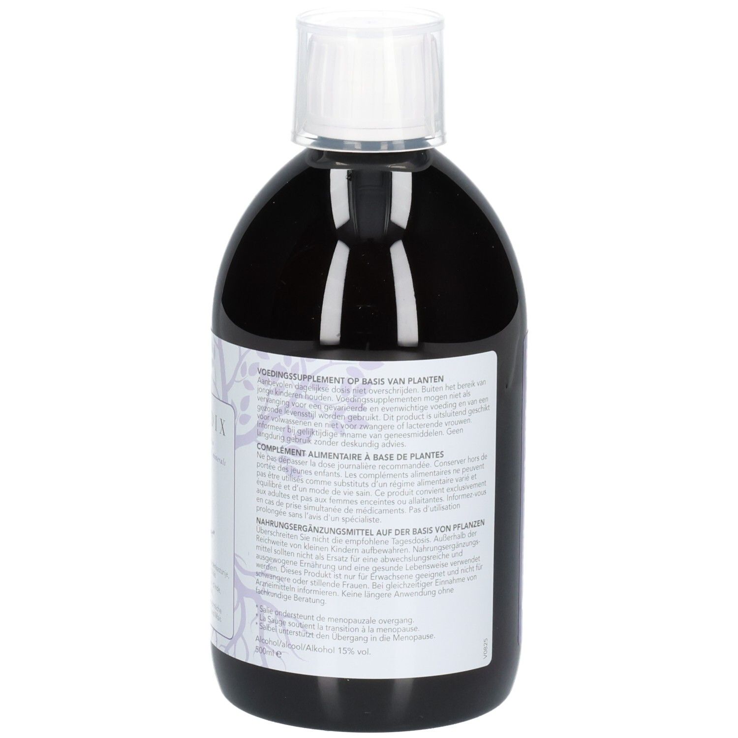 Flacon de liquide avec bouchon blanc. Étiquette avec informations sur les ingrédients. Couleurs violet et blanc.