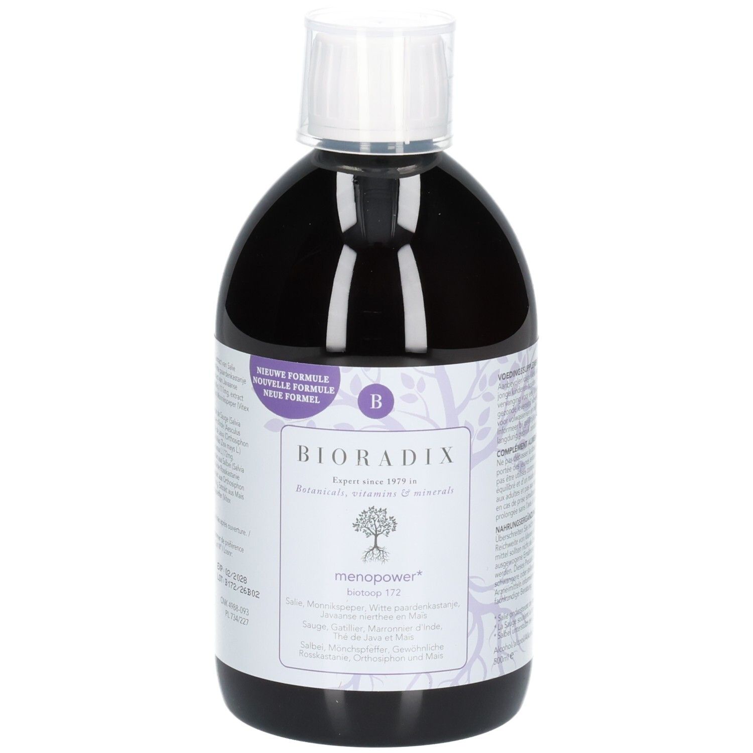 Flacon de liquide avec bouchon blanc. Étiquette avec le nom du produit Bioradix Menopower. Couleurs violet et blanc.