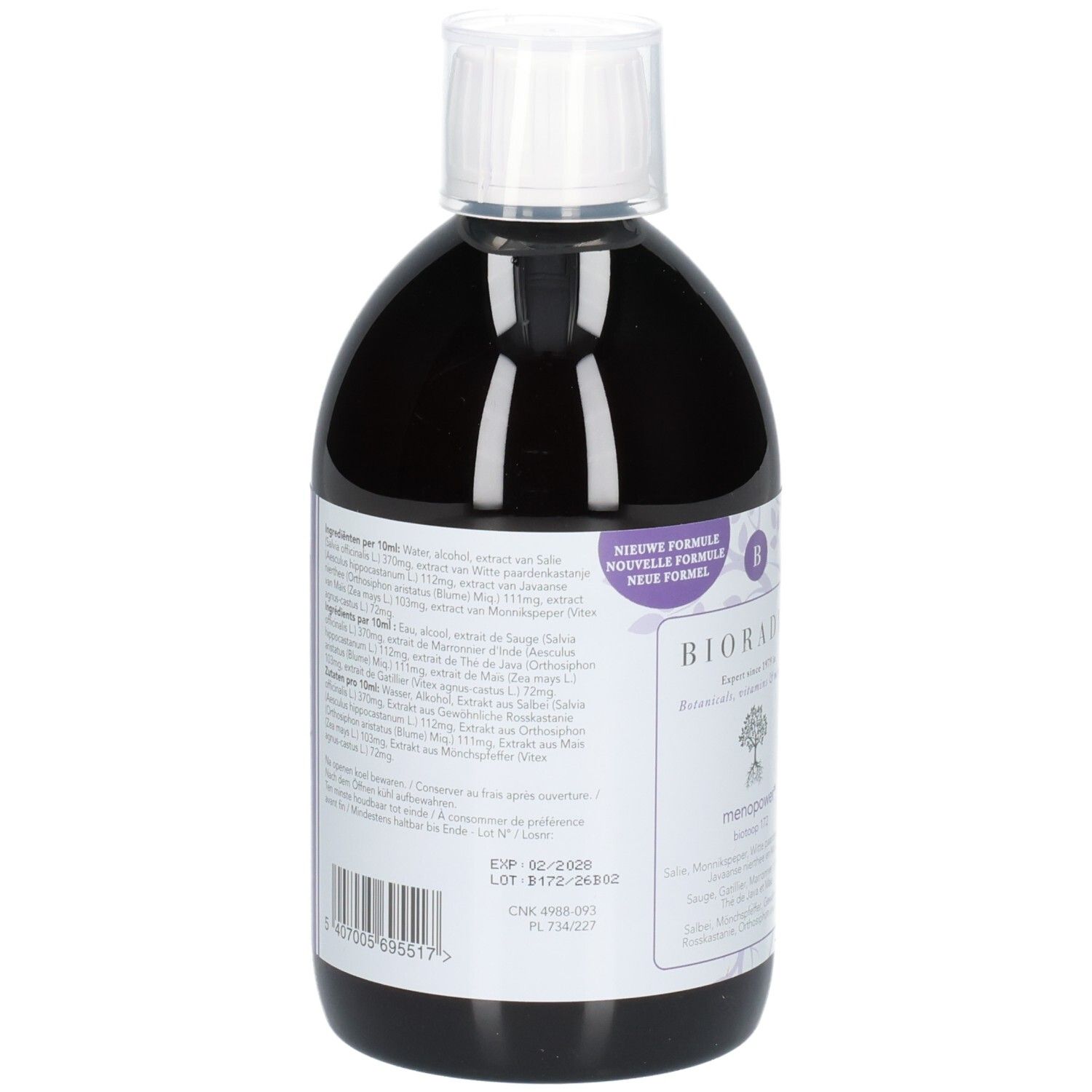 Flacon de liquide avec bouchon blanc. Étiquette avec ingrédients et informations. Couleurs violet et blanc.