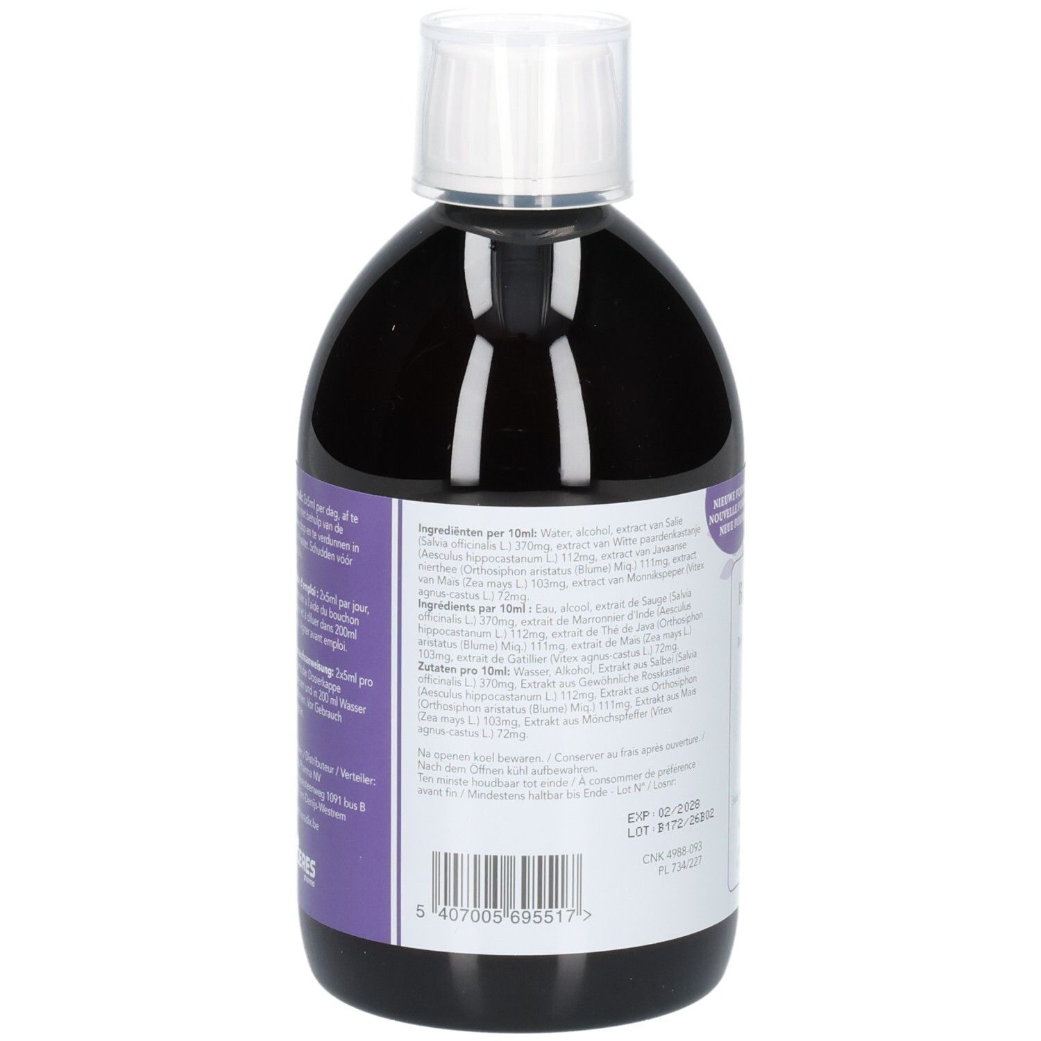 Flacon de liquide avec bouchon blanc. Étiquette avec ingrédients et informations. Couleurs violet et blanc.