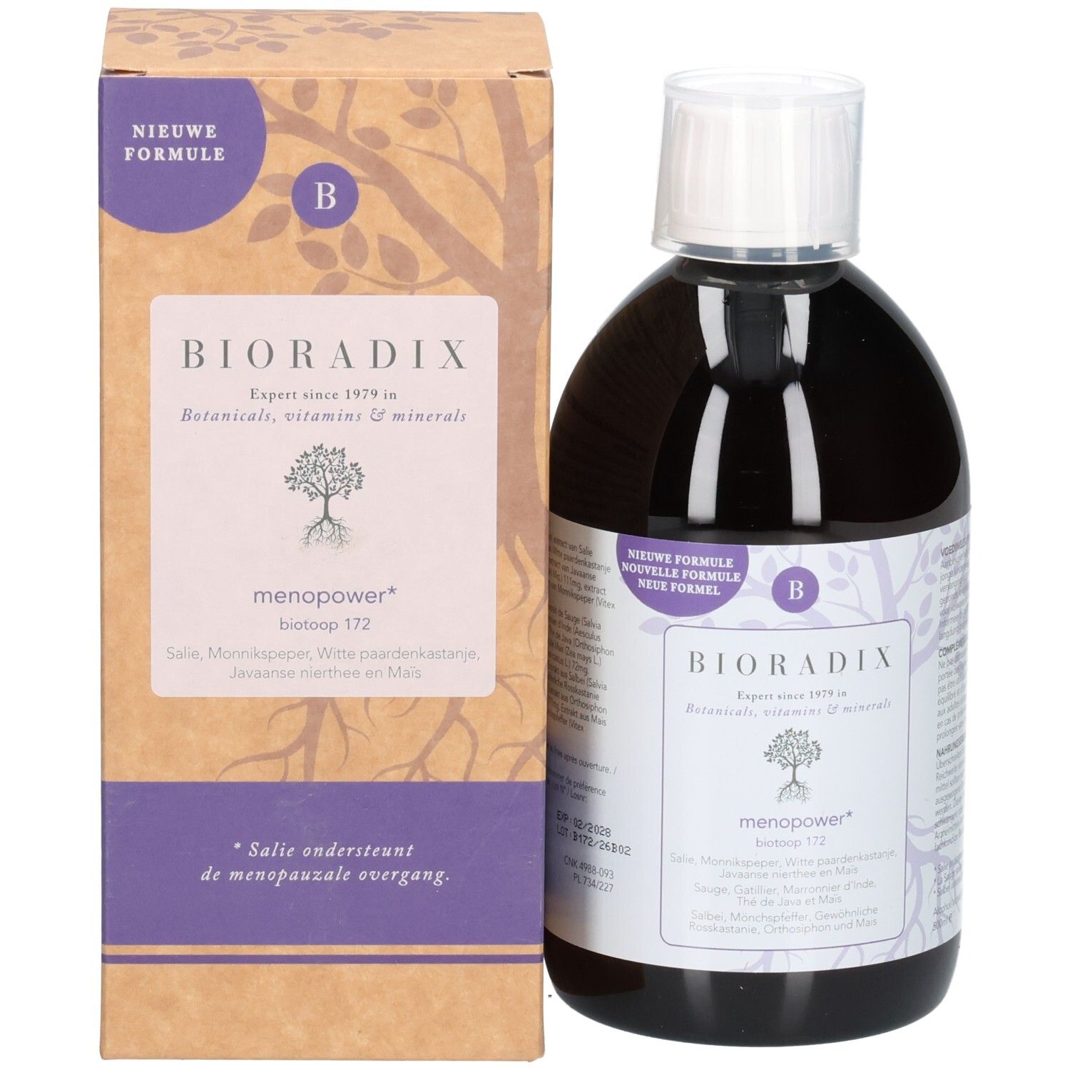Bouteille et boîte. Bioradix Menopower est écrit sur la boîte. Couleurs marron et blanc.