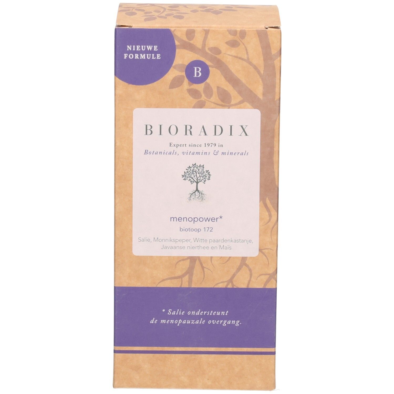 Boîte avec le nom du produit Bioradix Menopower. Couleurs marron et blanc.