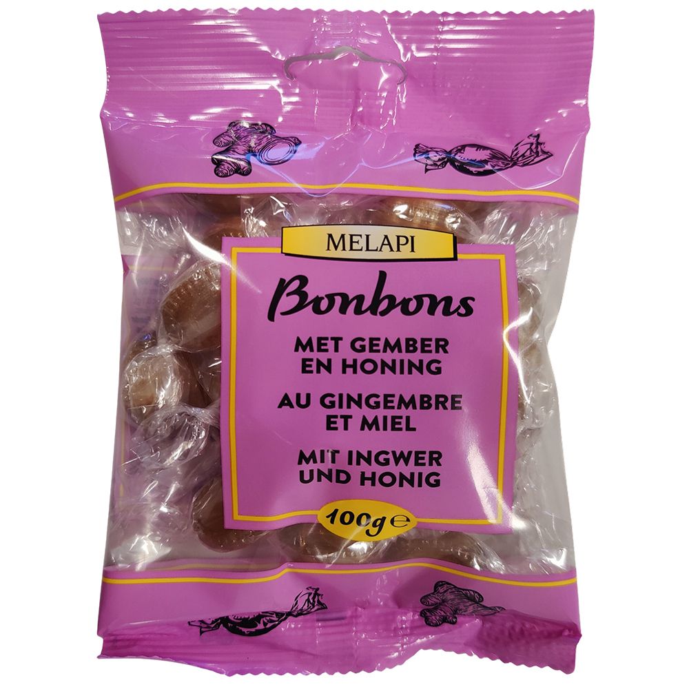 Sachet rose de bonbons. Inscription : Melapi Bonbons, gingembre et miel. 100g.