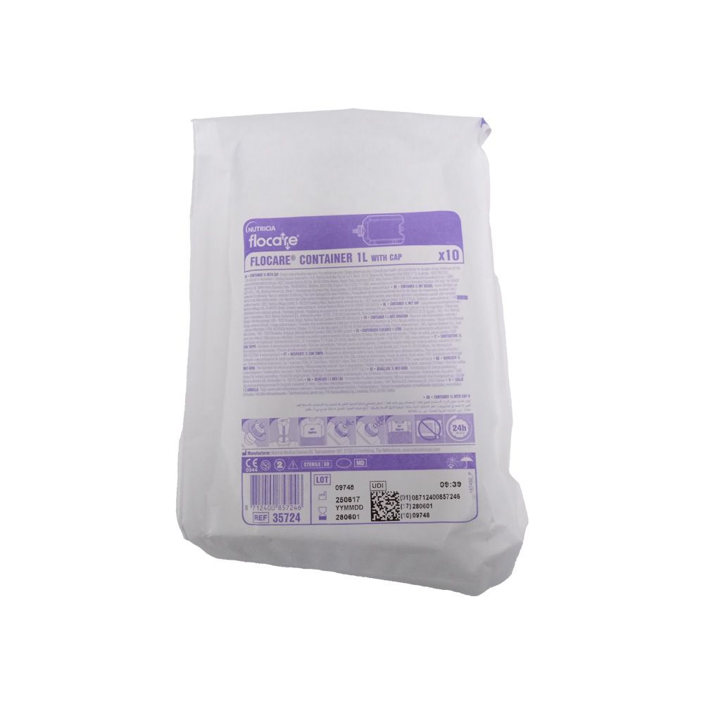 Verpakking met Nutricia Flocare Container 1L met dop. Witte verpakking met etiket. Bedrukking en barcode.