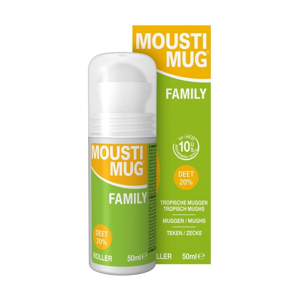 Mousti Mug Family Roller met 20% DEET, 50ml, en verpakking.