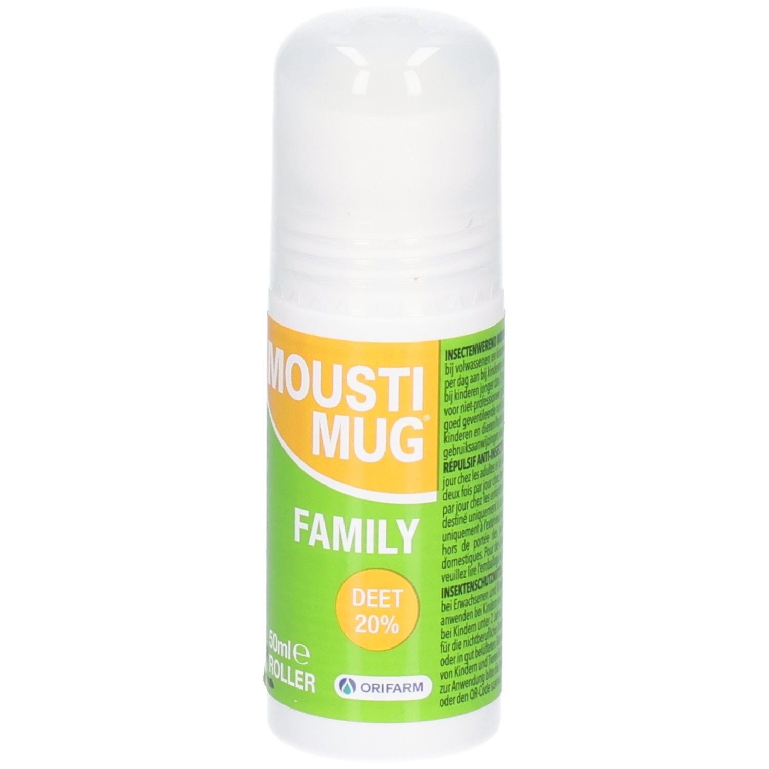 Mousti Mug Family Roller met 20% DEET, 50ml, en verpakking.