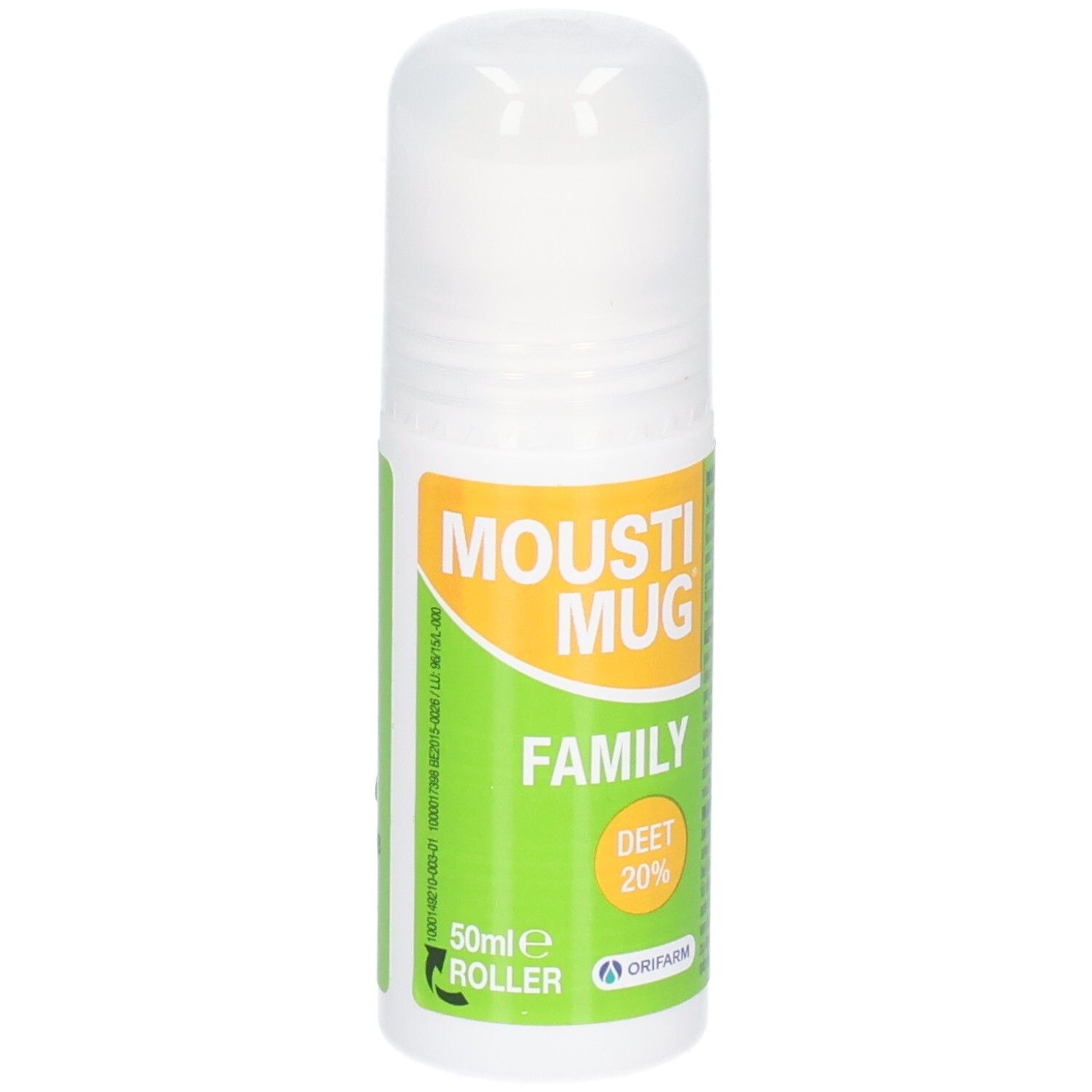 Mousti Mug Family Roller met 20% DEET, 50ml, en verpakking.